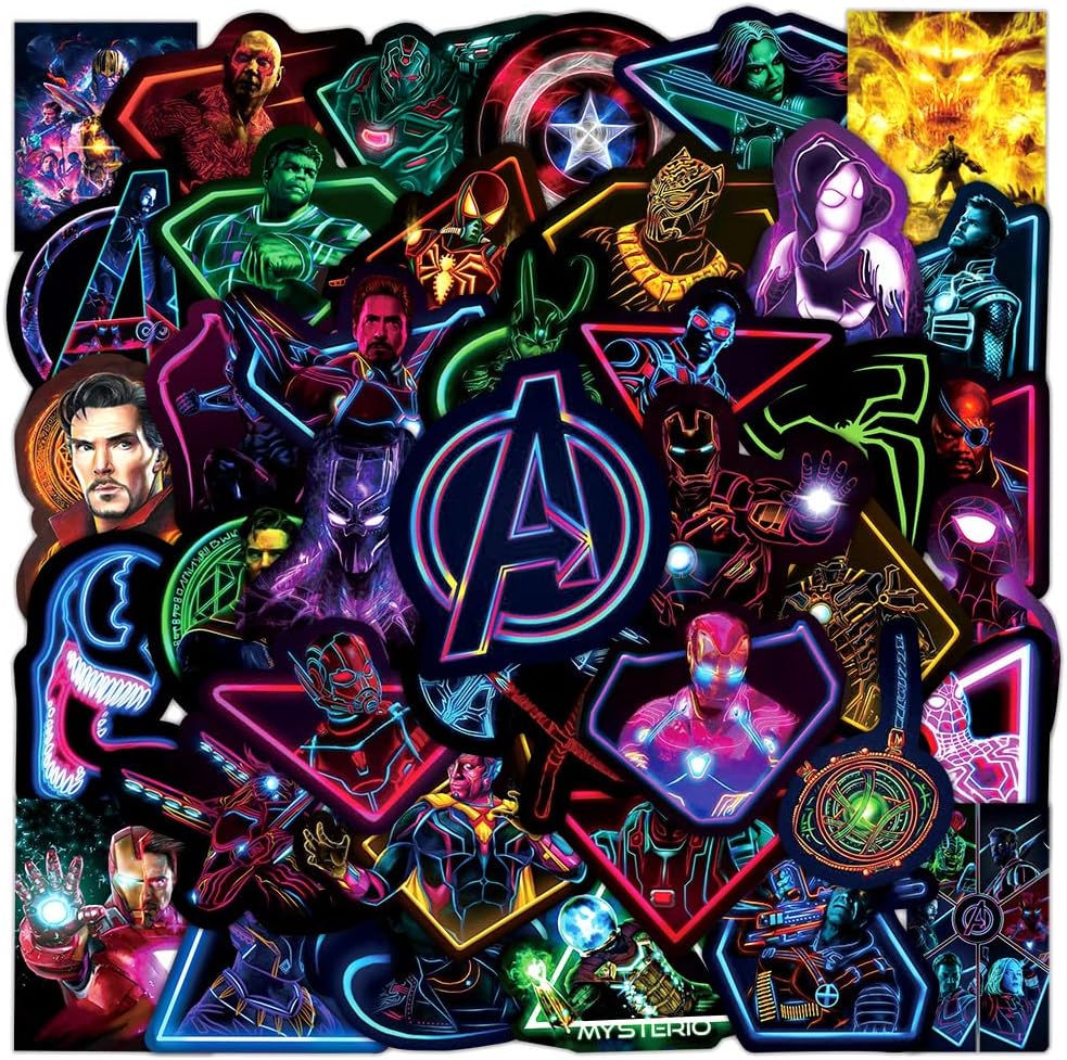 100Pcs Noctilucent Avengers Stickers Cool Waterproof Marvel Graffiti Stickers for Laptop Car Water Bottle Skateboard Hydroflasks Computer Helmet Motorcycle Bike,Vinyl Superhero Stickers for Teens Kid