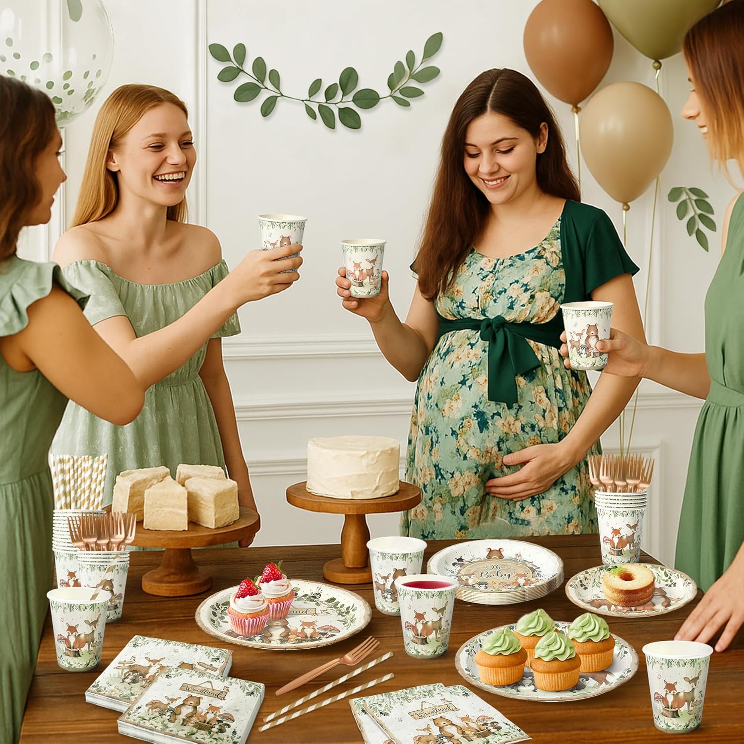 300Pcs Woodland Baby Shower Party Supplies - Serves 50 Guests, Safari Jungle Animal Party Decorations Include Plates and Napkins, Cups, Straws, Forks