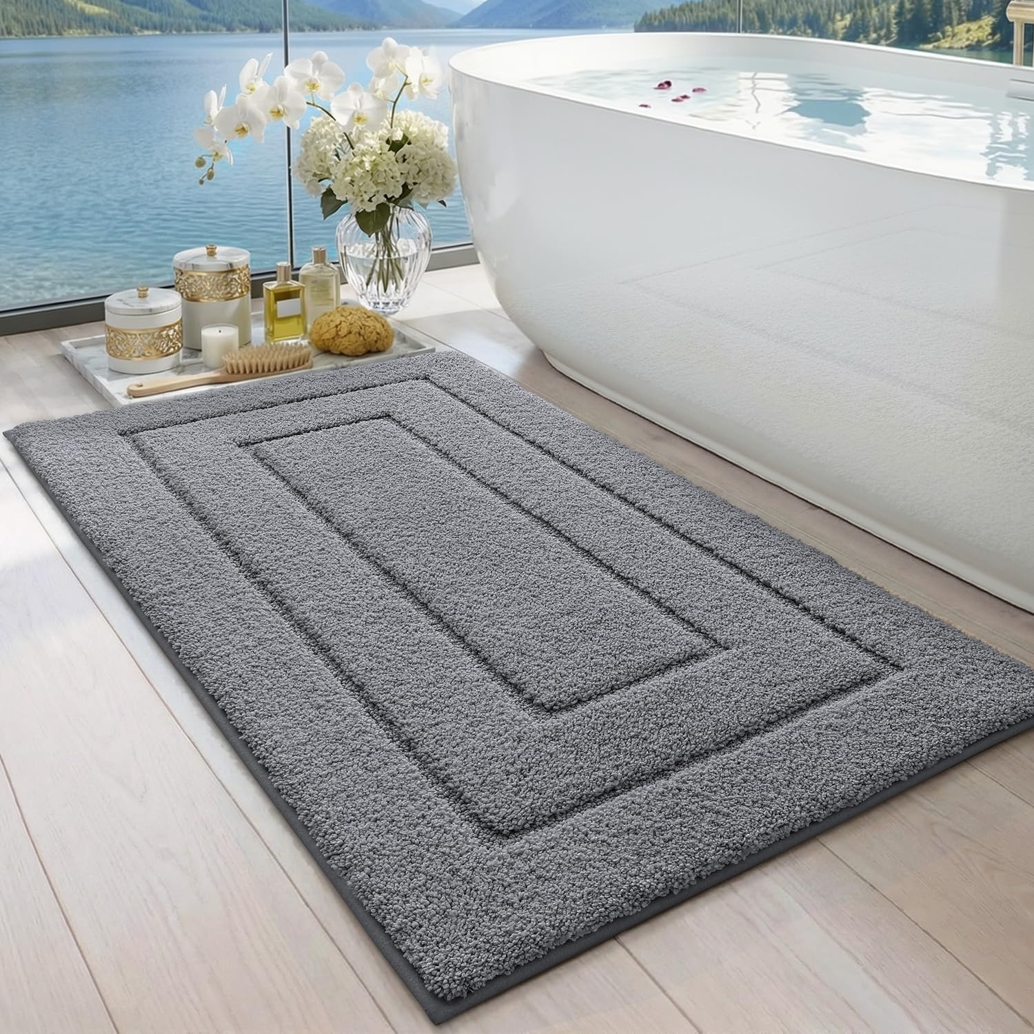 DEXI Badezimmerteppich, extra weich, saugfähig, Premium-Badteppich, rutschfeste, Bequeme Badematte, Teppich für Badewanne, Dusche, Badezimmer, maschinenwaschbar, 61 x 109 cm, Grau