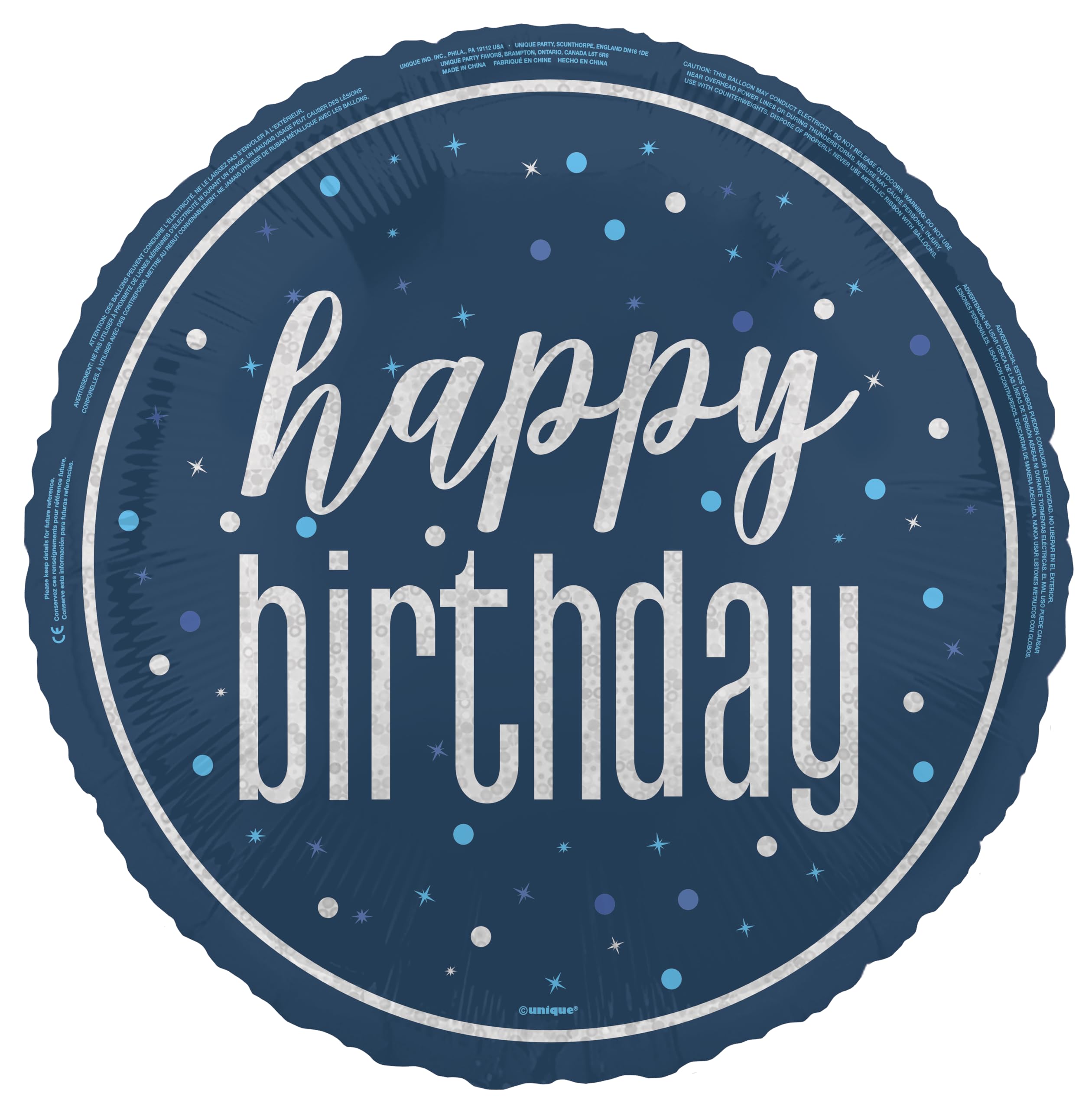 Unique 88083 Foil Happy Balloon-45 cm-Glitz Blue Birthday Party-1 Count (Pack of 1), Multicolour, Medium