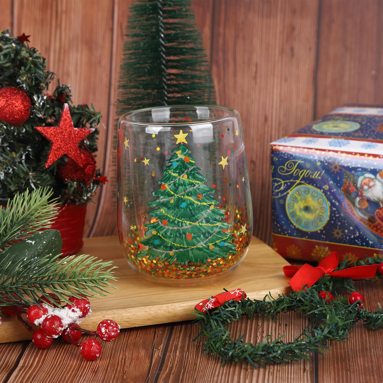 Tazze Di Vetro Natalizie 2 Pezzi — 300 Ml, Vetro Borosilicato, Design Babbo Natale E Albero, Per Bevande Calde E Fredde