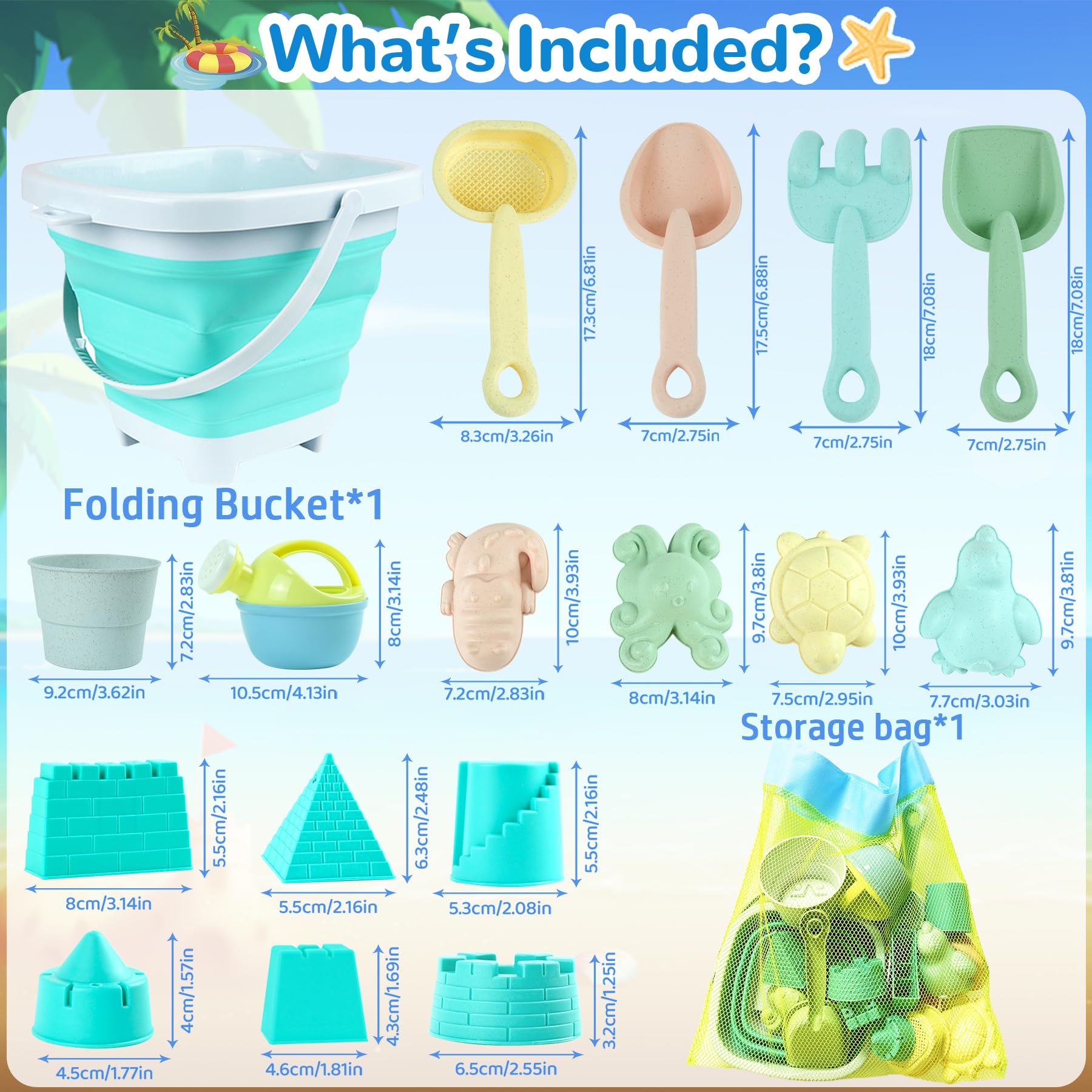 VEEKAY Jouet de Plage Enfant,Kit de Jeu de Plage Enfant avec Seau Pliable Enfants,18 pièces Jouet de Sable,avec Sac en Filet,Roue À Eau, Pelle Râteaux Moules à Sable Jouets de Plage pour Enfants