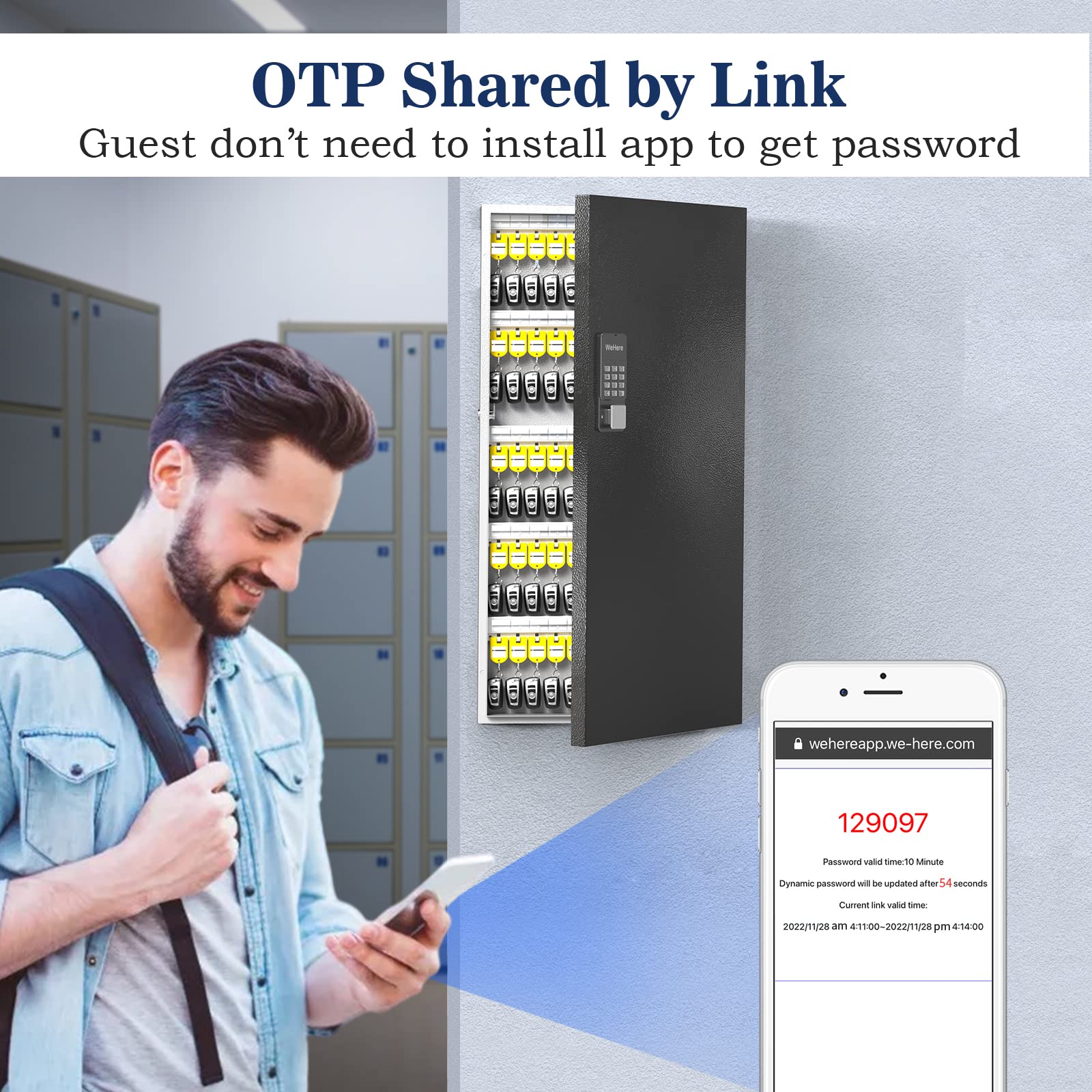 WeHere Key Lock Box Wall Mount (120 Key), Smart Key Cabinet OTP Share Half-Remote Unlock, Security Lockbox, App Bluetooth/Permanent Code Unlock, Key Management for Valets/Realtors/Office/Hotel