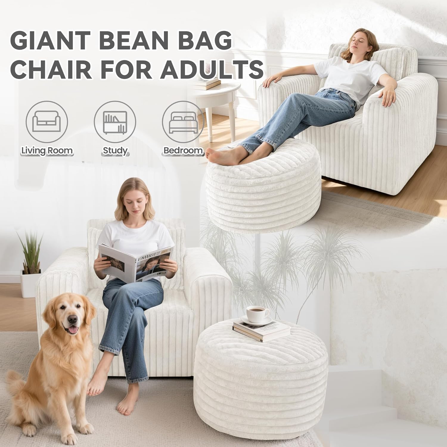 Giant Bean Bag Chair for Adults with 3-in-1 Multi-Functional Ottoman, Non-Slip Lounge Chair High Backrest & Wider Armrest, Boneless Chair Memory Foam for Living Room(Stripe Plush, Beige)