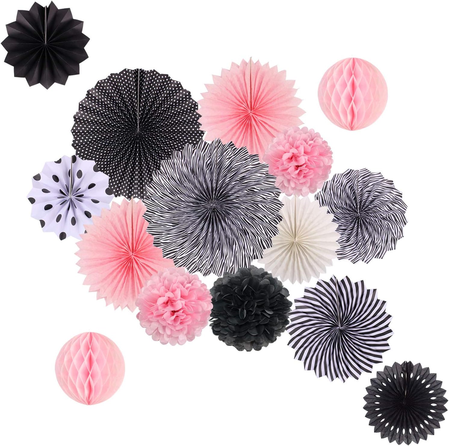 Hanging Party Decorations Set Tissue Paper Fan Paper Pom Poms Flowers and Honeycomb Ball for Wedding Birthday Bridal Showers Graduation Party Decor Black Pink Kit