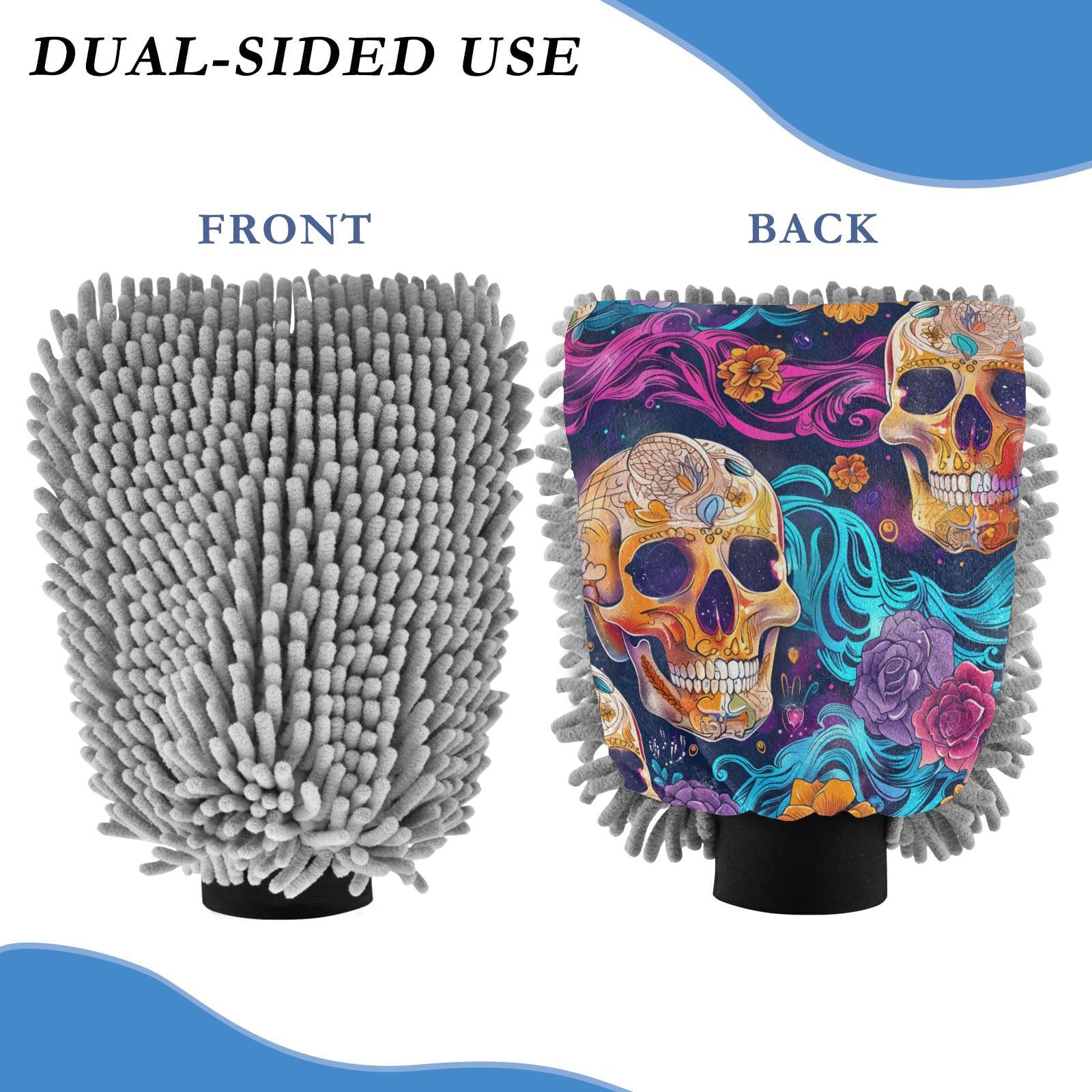 IOACIY Absorbent Microfiber Car Wash Drying Mitts, 2 Pack, Scratch-Free & Lint-Free, Rich Foam, Highly Absorbent, Double Sided, Wash Mitt Perfect for Car Washing, M, Skull (4)