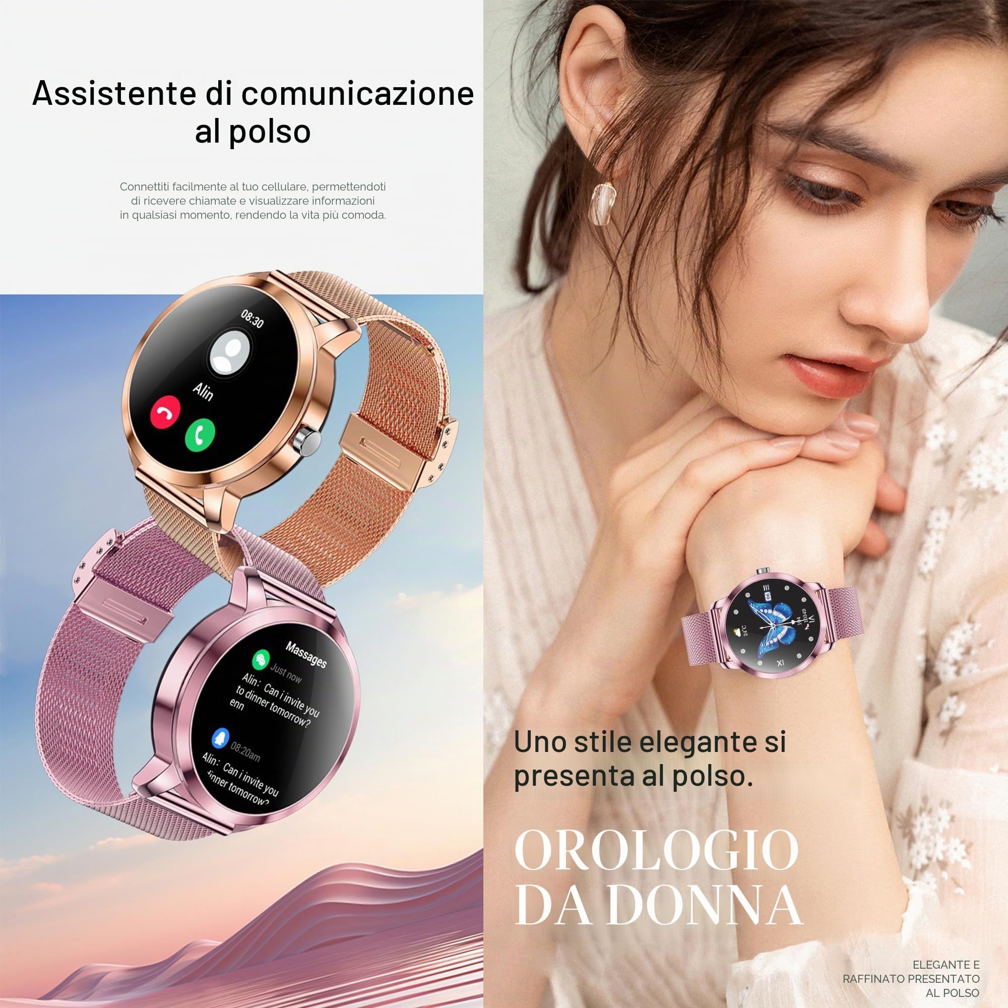 1,09" Smartwatch Donna Chiamate e Risposta Bluetooth, 3 Bracciali, 123 Sport Smartwatch Cardiofrequenzimetro Pressione Sanguigna Monitoraggio del Sonno Orologio Fitness per Android iOS (Rosa)