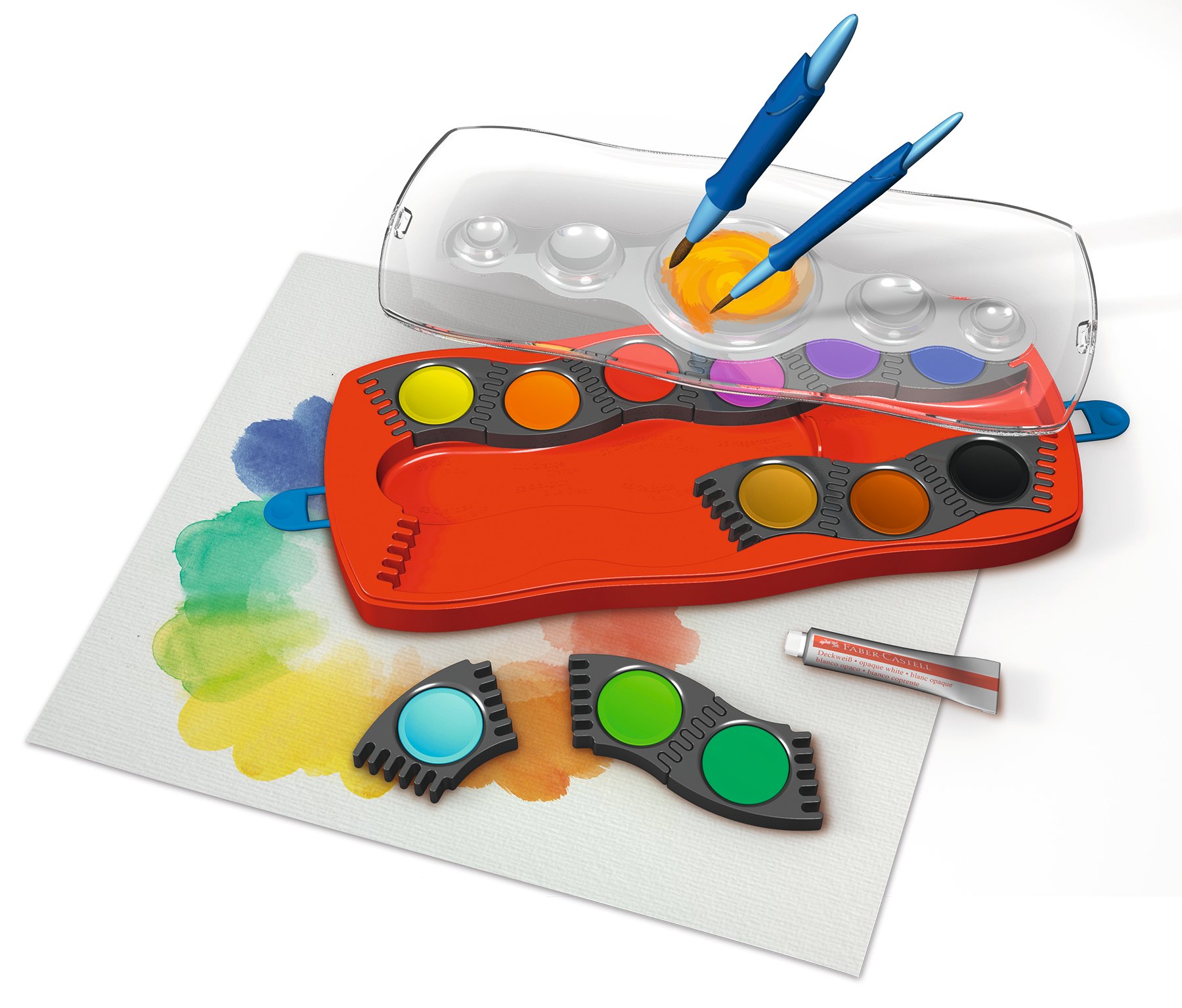 Faber-Castell 125029 - Farbkasten Connector mit 24 Farben, inklusive Pinsel mit Soft-Touch-Griffzone
