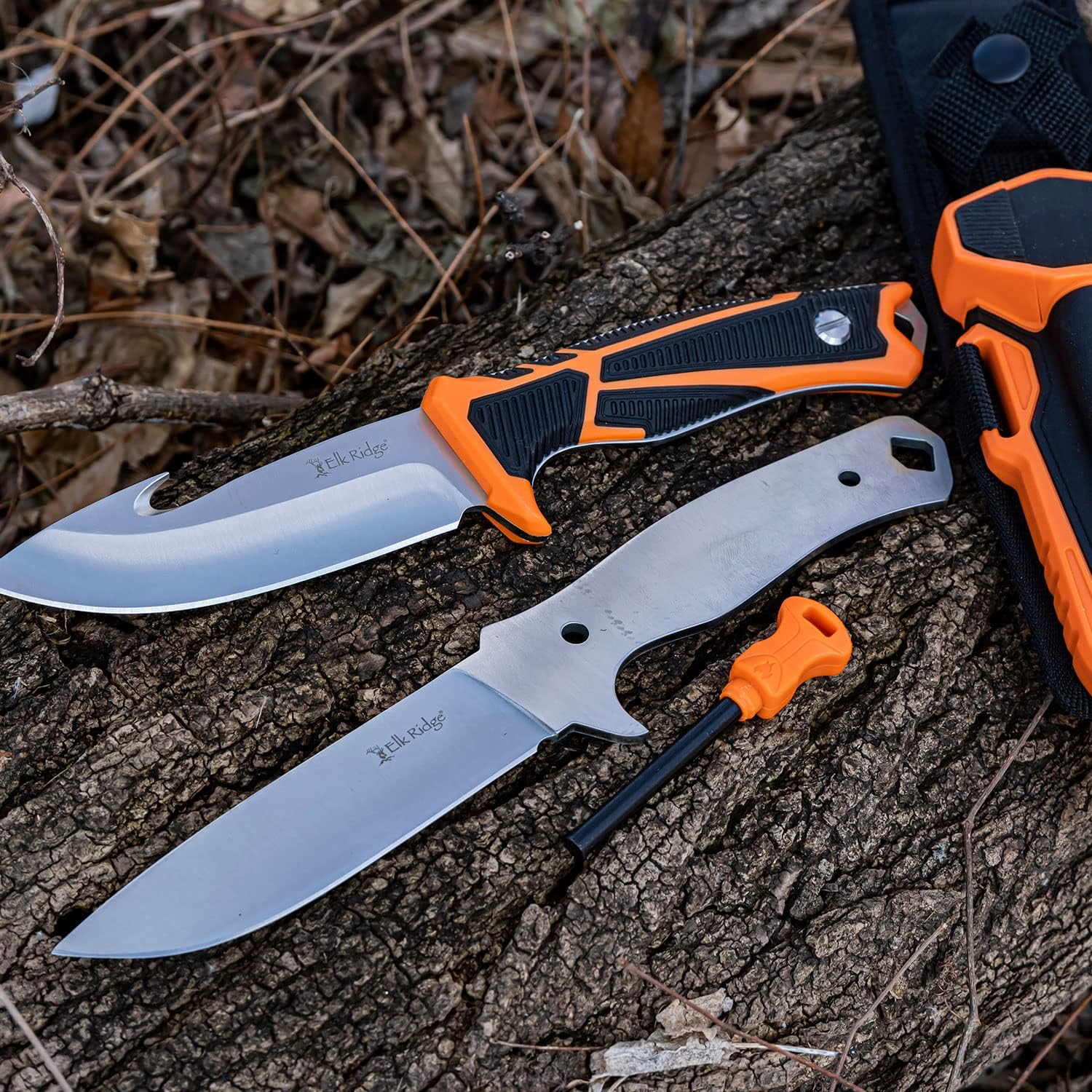 Elk Ridge - Outdoors -Trek - Interchangeable Fixed Blade Knife, Drop Point and Gut Hook Blades, Orange and Black TPR Handle, Injection Molded Sheath with Ferro Rod and Sharpener - ER-TKFIX001
