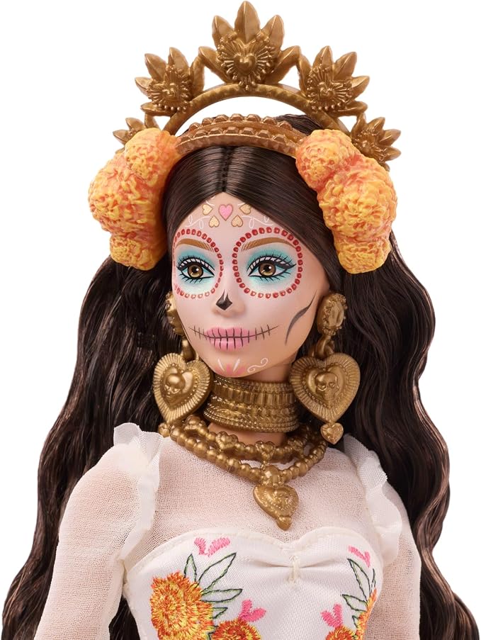 Muñeca Barbie Día De Muertos 2025 vestido crema y marigolds miniatura 7