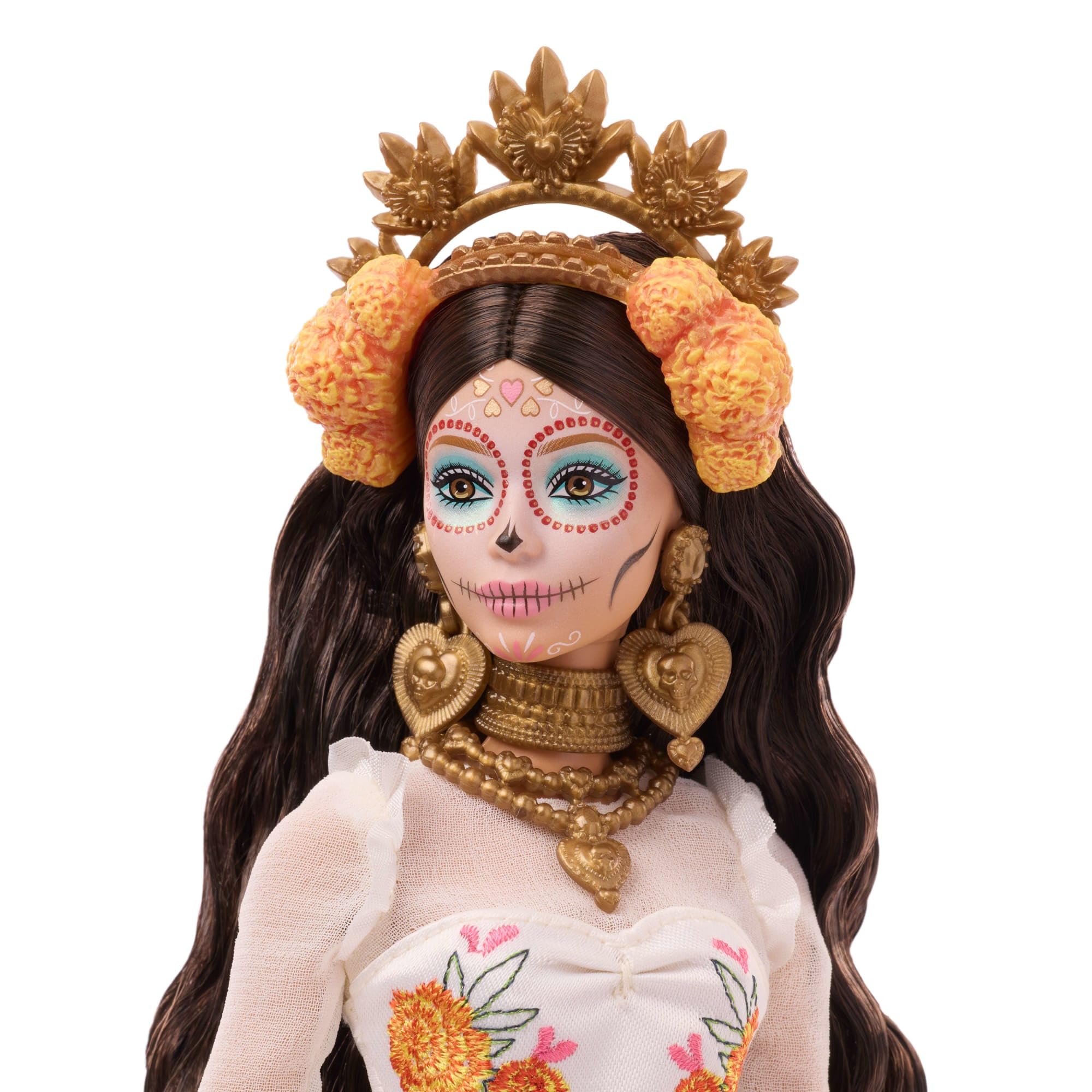 Barbie Signature Lalka Día De Muertos 2025 Kolekcjonerska lalka, kremowa suknia z detalami takimi jak falbanki, aksamitki i naszyte wstążki, kwiatowa korona i charakterystyczny makijaż czaszki, JBJ05