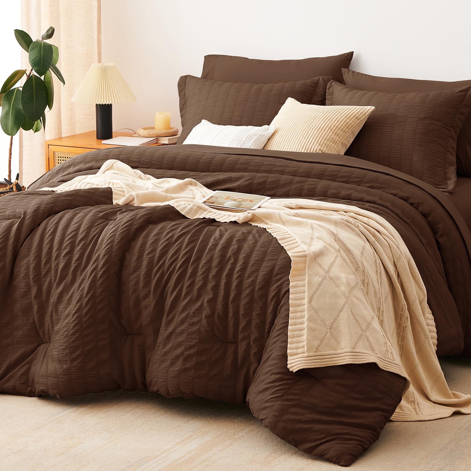 CozyLux Full Size Comforter Sets, 7 Pieces Brown Seersucker Bed in a Bag
