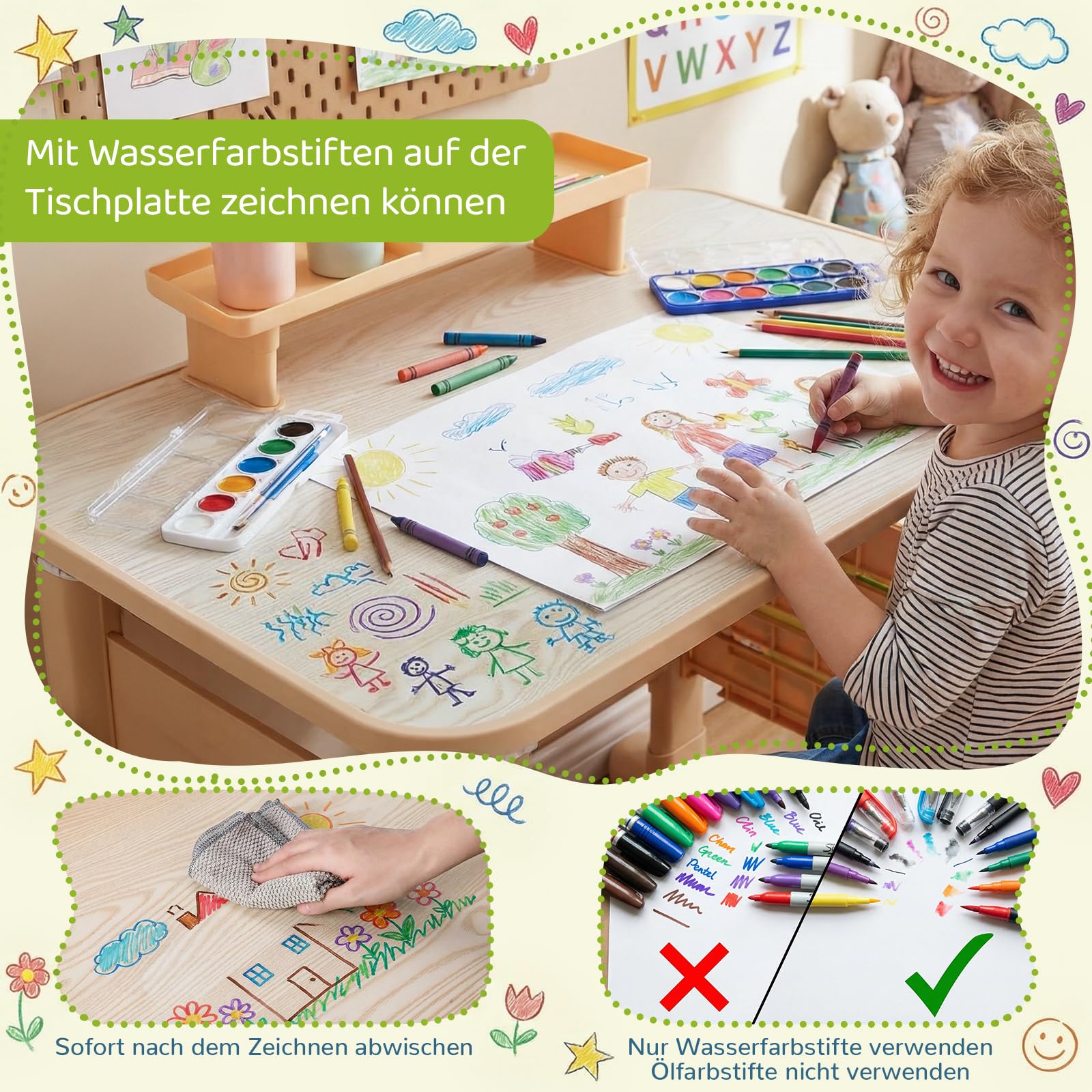 Clevich Höhenverstellbar Kinderschreibtisch und Stuhl Set,Schreibtisch für Kinder ab 3 Jahren,für Kinderzimmer,Schlafzimmer,Arbeitszimmer,Familien-Lern- und Spiel-Ecke,Malbereich,mit Stauraum,Gelb