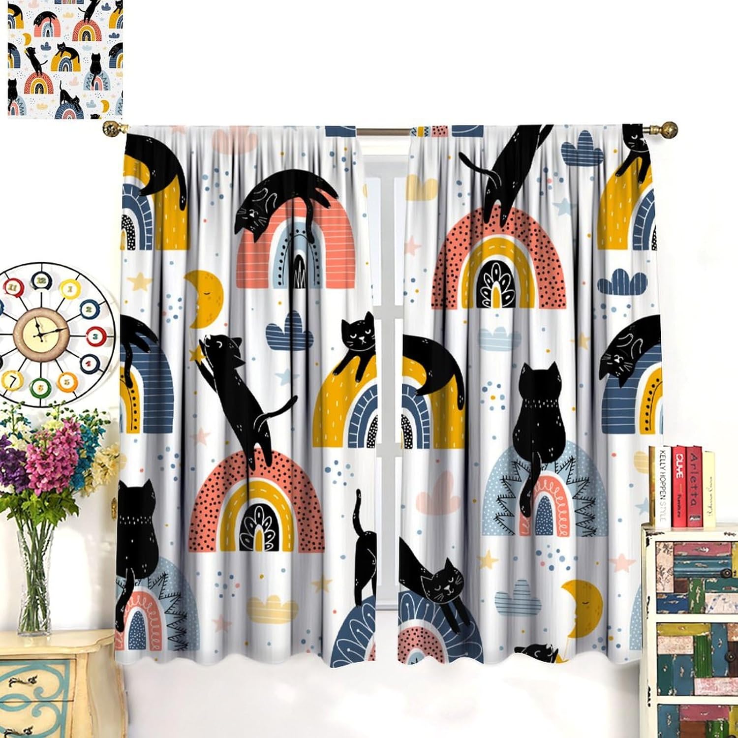 JESTRONRY Modern Abstract Curtain,Black Cats and Colourful Rainbows Cute Animal Background Blackout Rod Pocket Window Drapes for Baby Kids Girls Bedroom Living Room Home Decor W42xL63in