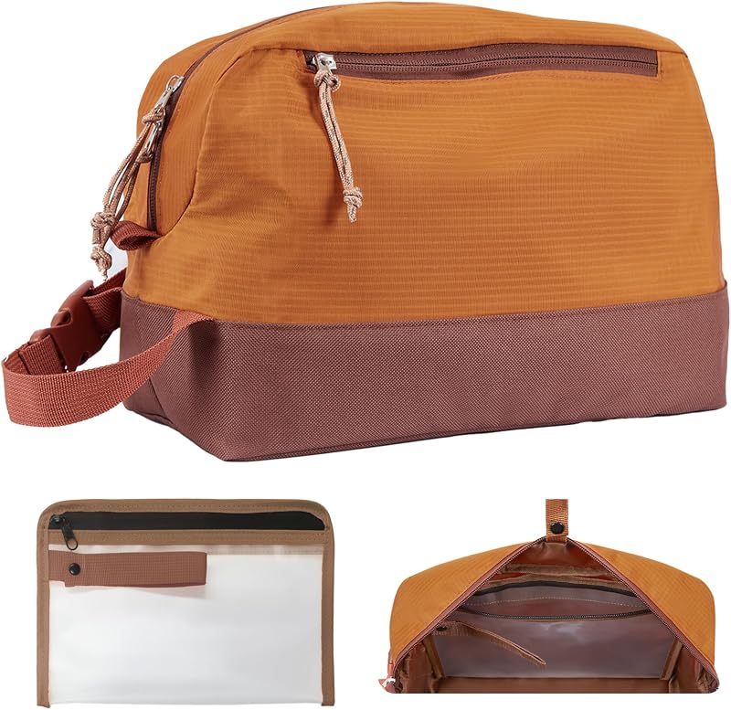 Necessaire de viagem Janhavi com compartimento para itens úmidos e bolsa transparente removível, 8 L, Dusk Orange+Dark Brown