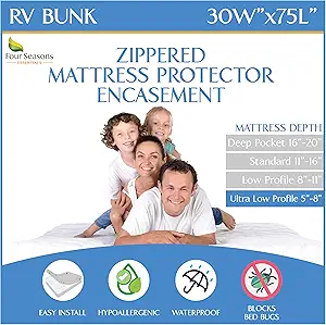 RV Bunk Mattress Encasement (30" W x 75" L) - Waterproof Zippered Protector - Cot Size Low Profile Fits 5" to 8" Thick - Hypoallergenic Premium Bed Cover Protects from Dust Allergens