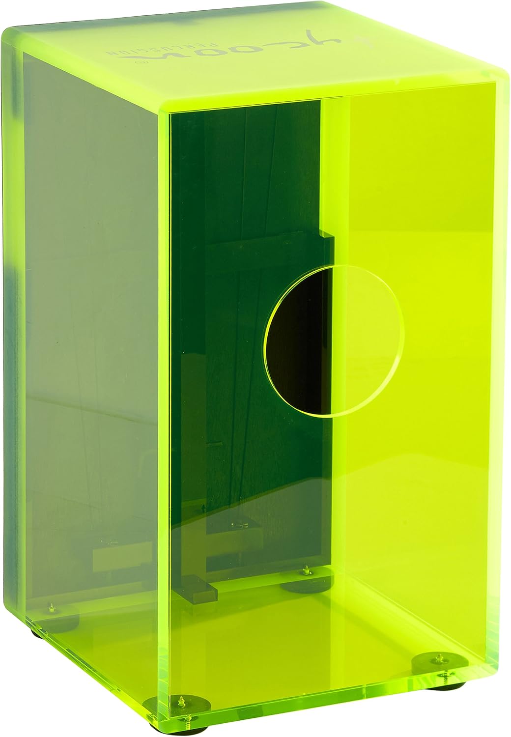 Tycoon Percussion Acrylic Cajon, 29cm Wide, Fiberglass Front Plate w/Black Makah Burl Design, Transparent Acrylic Body, Adjustable Snare Wires, Expanded Bass Tones, 29 Series, Neon Green (TKXNG-29)