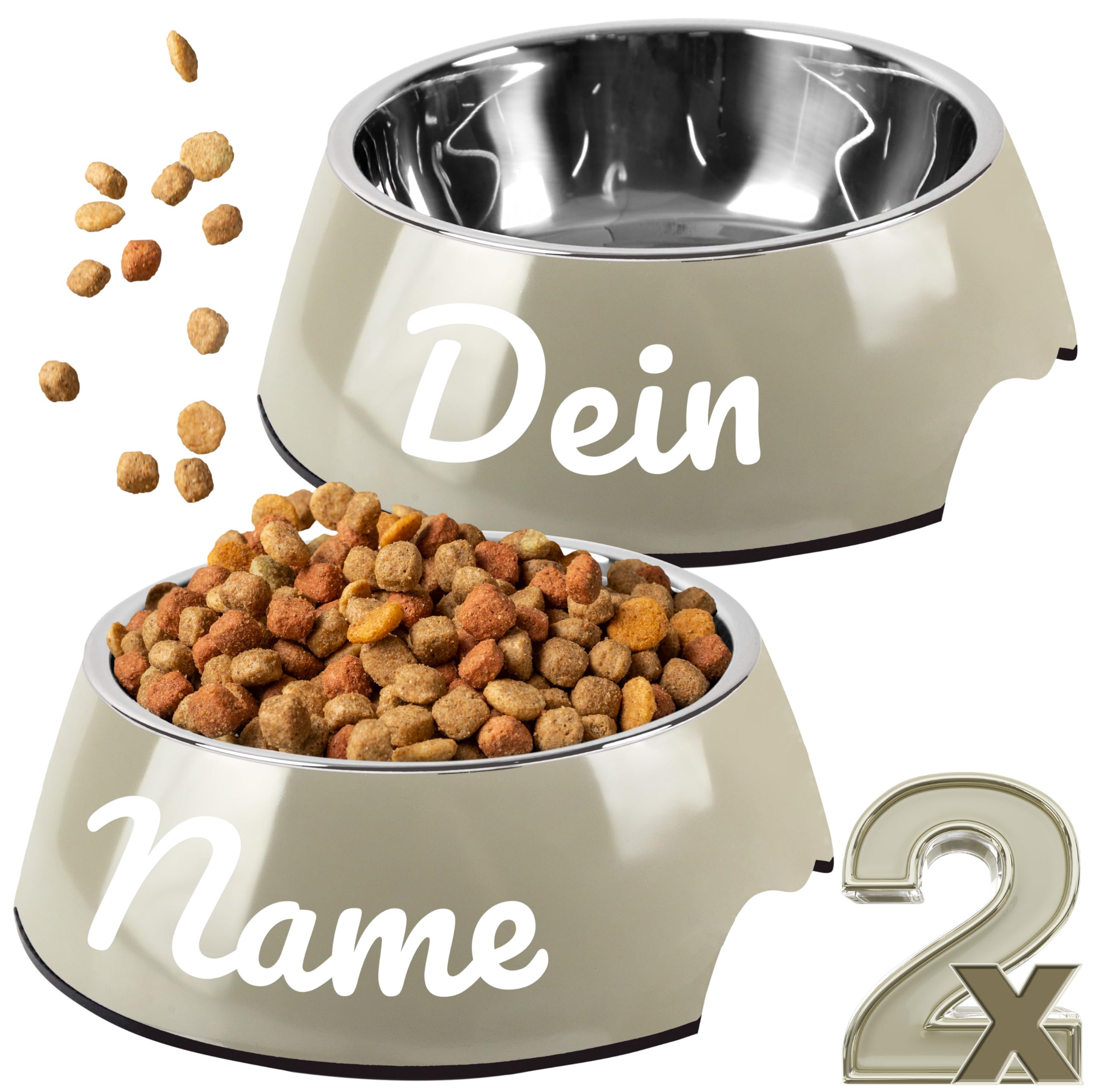 ne&no® Juego de 2 comederos para perros y gatos pequeños [talla S/170 ml] comedero para gatos con nombre antideslizante | comedero para gatos | Dog Bowl (S Taupe)