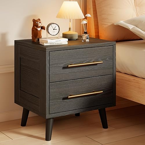 Mesita de noche, 2 cajones, moderna mesita de noche de madera con asas de metal para dormitorio, color negro