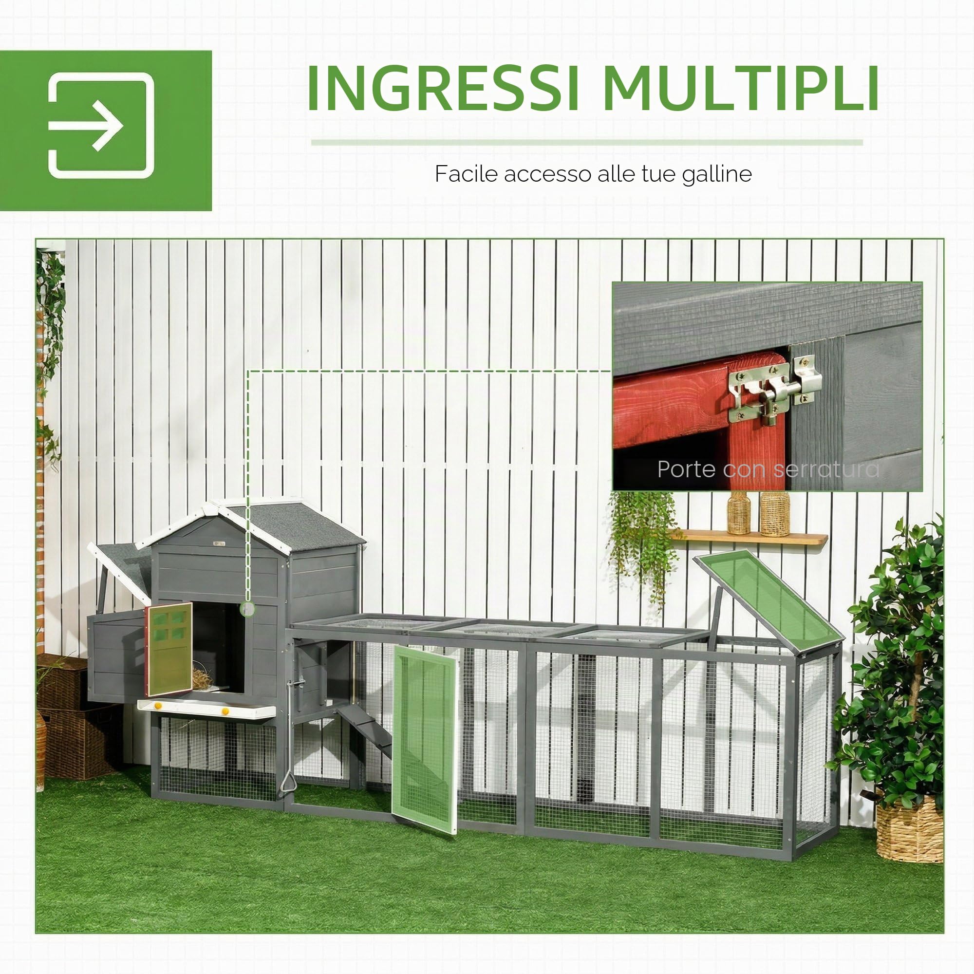 PawHut 118" Pollaio XXL con tetto in asfalto per 3-6 galline Grigio | Recinto in legno per galline, vassoio estraibile, nido, pollaio