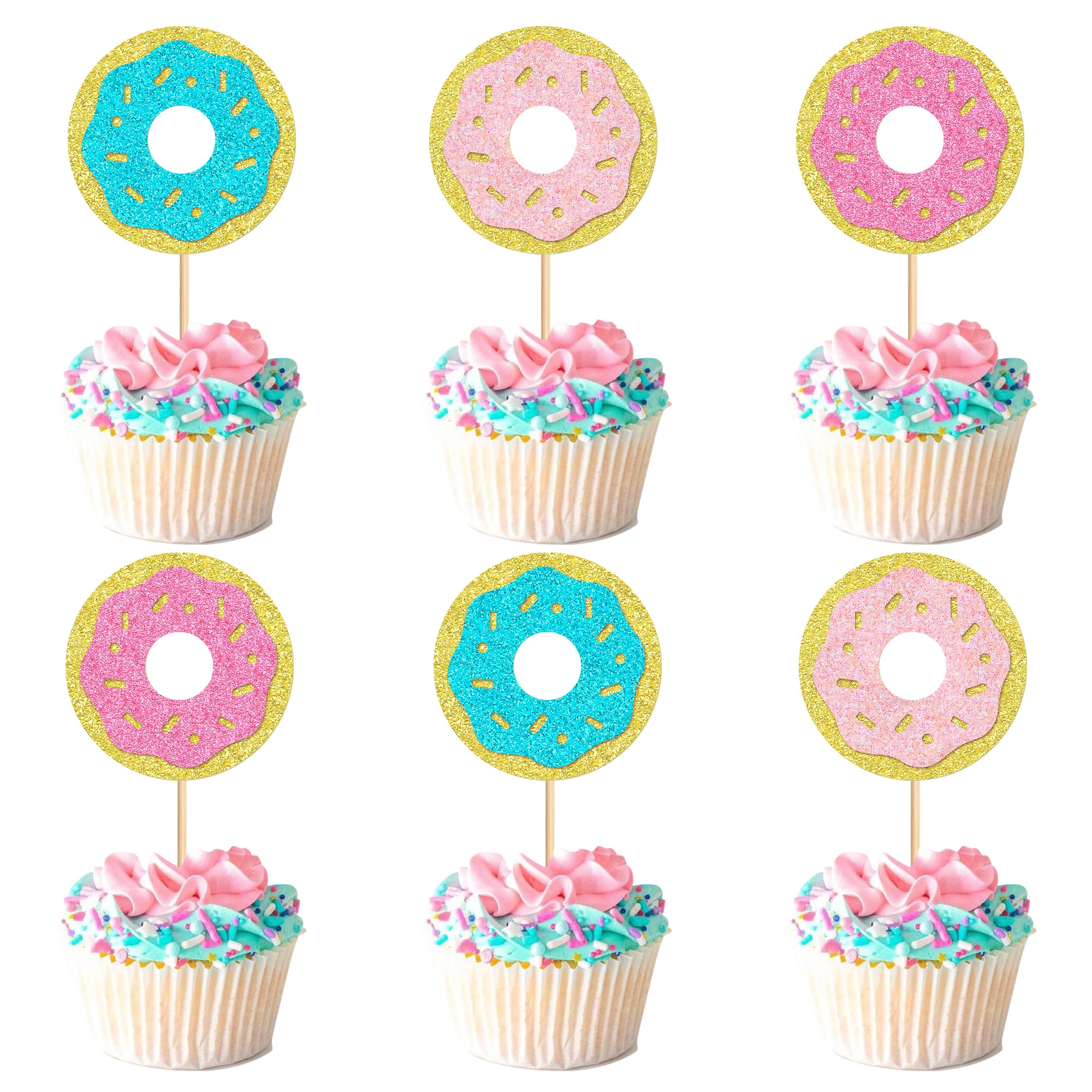 Ercadio 24 Pcs Donut Cupcake Toppers Donut Party Decorations Picks Sweet Theme Cake Decoration for Kids Birthday Party Supplies Celebrating Party Events Baby Shower Supplies