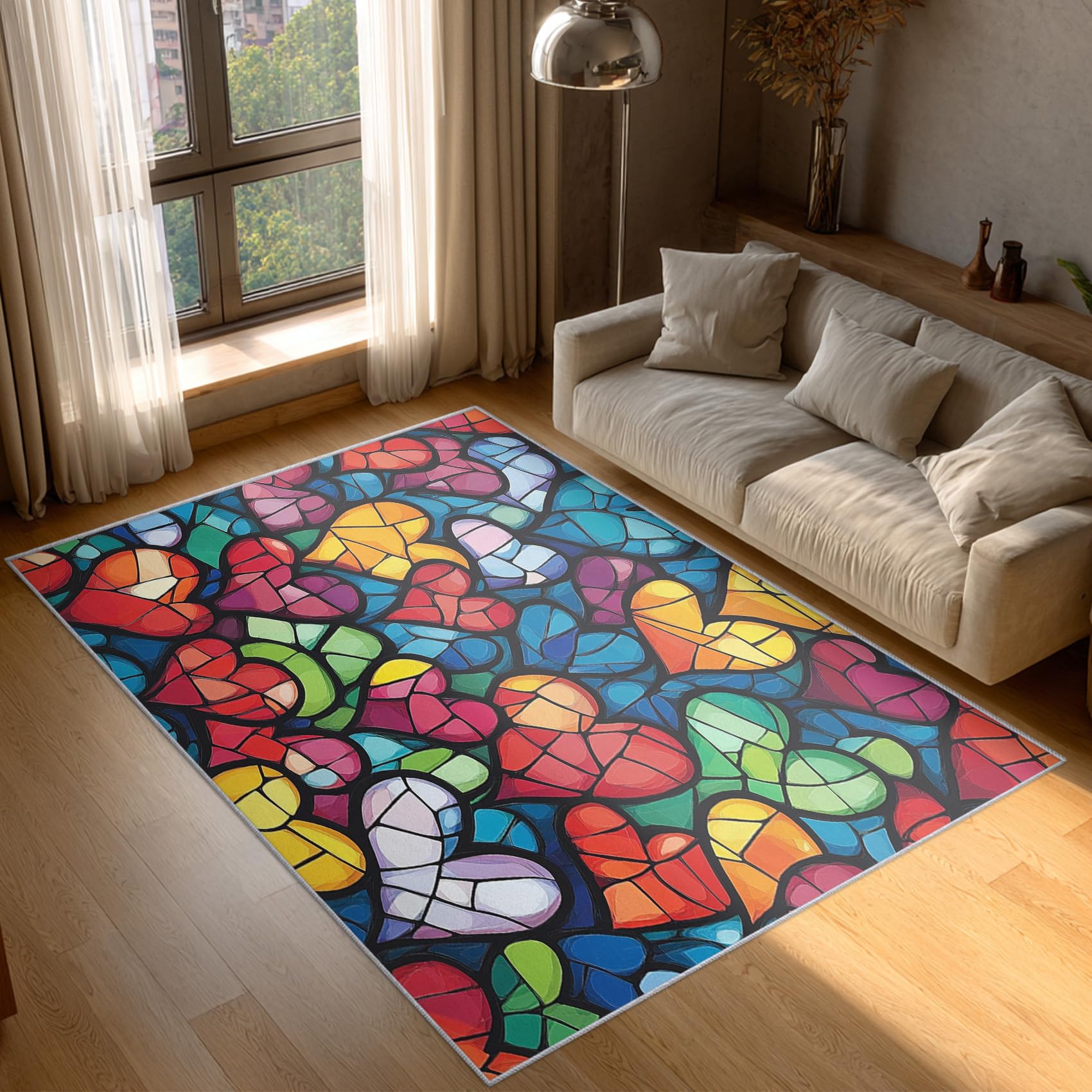 Tapis salon vitrail 240x340 cm forme de cœur poil court