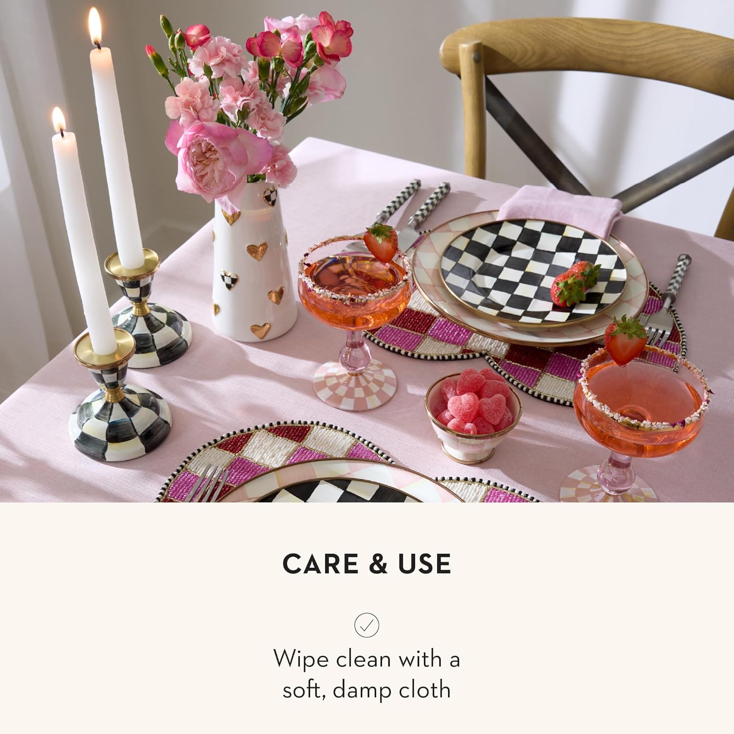 MACKENZIE-CHILDS Ceramic Heart Vase, Unique Decorative Vase, Short, Black-and-White Courtly Check