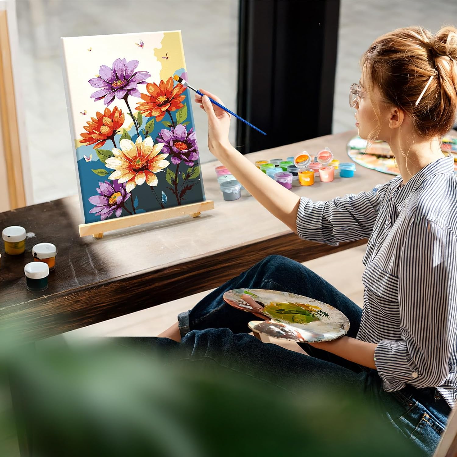 YOYA 4 Pack Framed Paint by Numbers Kit for Adults - Flowers Adult Paint by Number Kits on Canvas with Easel, DIY Flower Paint by Number Framed Canvas for Home Wall Decor 8x12 Inch