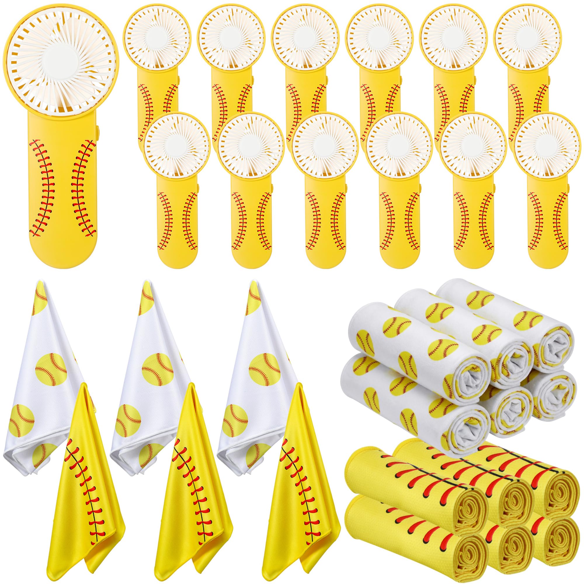 Cadeaux softball : lot de 12 serviettes rafraîchissantes et 12 mini ventilateurs