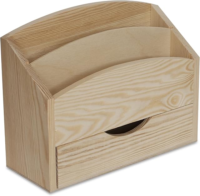 Creative Deco Wooden Desk Organiser Letter Rack | 25 x 10 x 20.5cm | 2 Compartments with Drawer | Unpainted Wood Box Tray for Letters Paper Work | Plain Organiser for Office Accessories & Storage