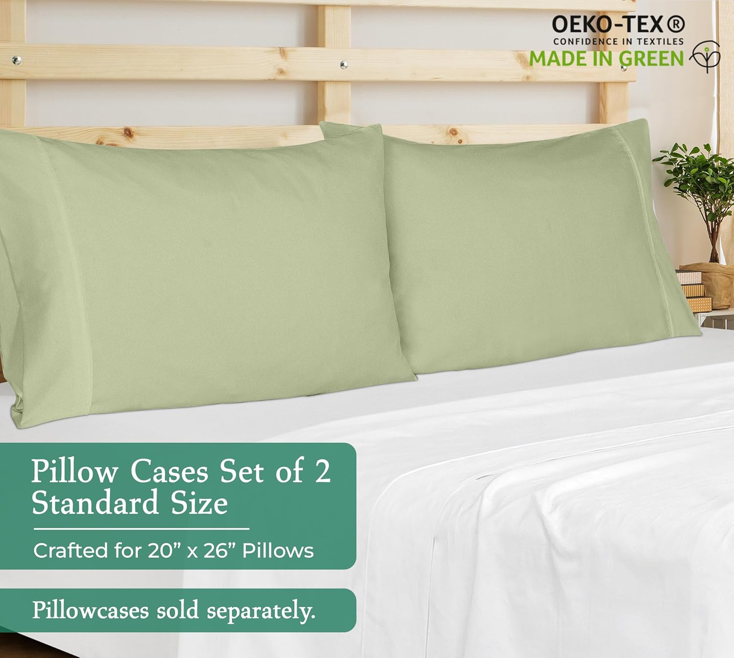 royale linens standard pillowcase set of 2 - bed pillow cover - 20"x26" - sage green pillowcases - 1800 brushed microfiber, wrinkle & fade resistant - soft & cozy- standard size pillow case (std,sage) sage green standard
