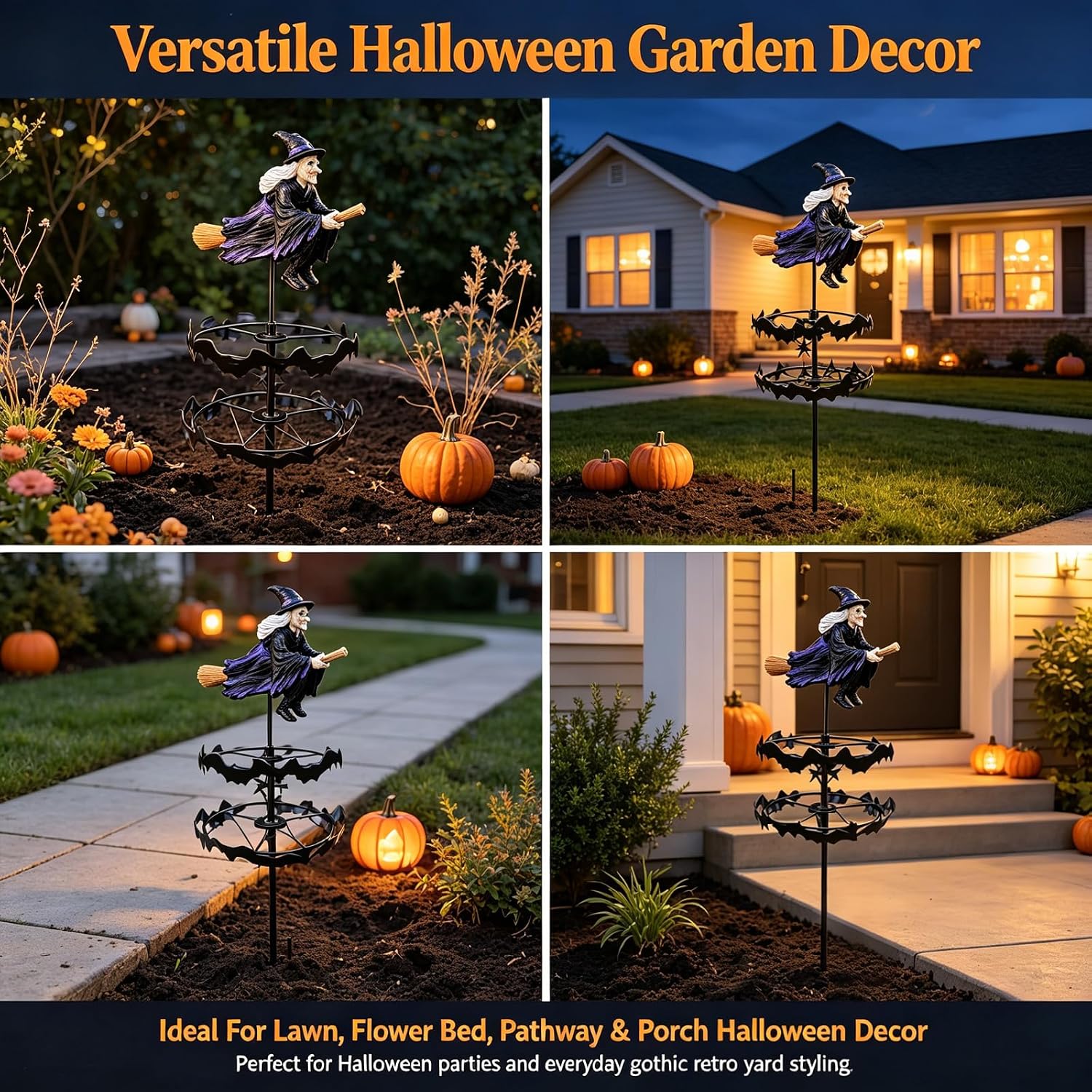 Halloween Wind Spinner Outdoor Decor, Metal Flying Witch & Bat Kinetic Sculpture, Rust-Resistant Yard Art for Lawn and Patio, Durable Fall Seasonal Garden Ornament, 1-Pack