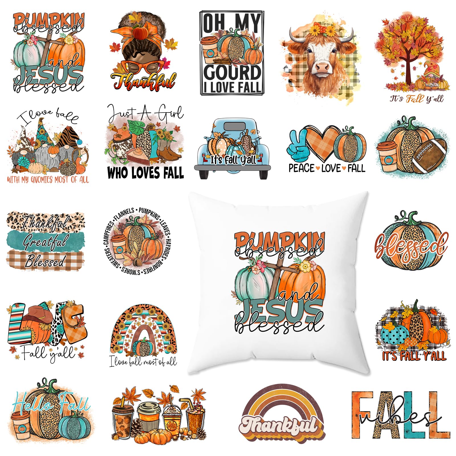 Tintnut Fall Pumpkin Iron on Transfers for T-Shirts 20pcs Iron on Decals