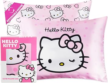 Hello Kitty Satin Pillowcase for Hair Skin Benefits, 19x26 Soft and Cooling Pillowcase with Zipper, Gifts for Women Girls Teens Wife Girlfriend