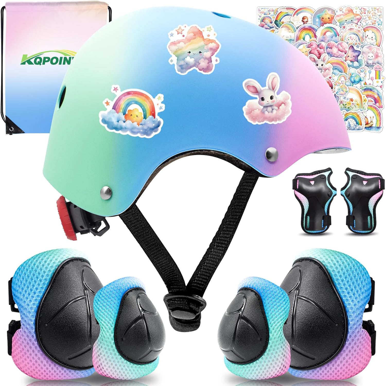 Color Gradient Adjustable Kids Bike Helmet Set with Knee Elbow and Wrist Pads, Toddler Skateboard Helmet for Ages 3-5-8-14 Boys Girls, Protective Gear Set for Youth, for Scooters Rollerskates