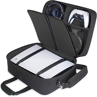 USA Gear PS5 Carrying Case - Travel Bag Compatible with PlayStation 5, PS5 Slim with Adjustable Interior - Shoulder Travel Case for Dualsense Controllers, Playstation 5 Games, Accessories (Black)