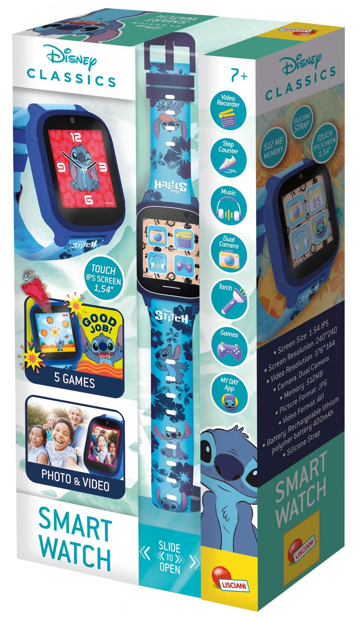 Lisciani - STITCH SMARTWATCH - Reloj Conectado Para Niños 7+ - Fondos De Puntadas Intercambiables -5 Juegos Interactivos - Pantalla Táctil - Cámara, Despertador, Temporizador Y Funciones De Lámpara