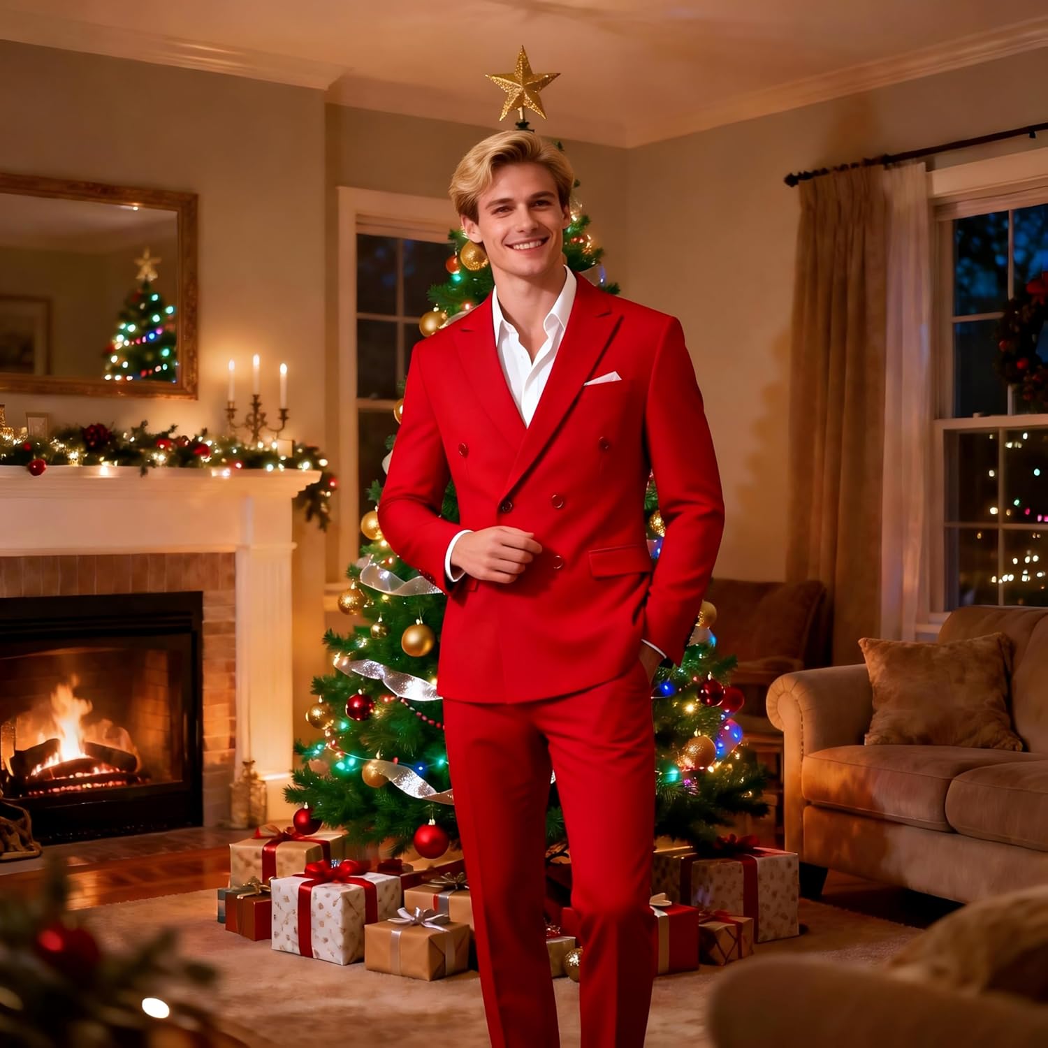 MOGU Suits for Men, 2 Piece Slim Fit Suit with Double Breasted Blazer and Tuxedo Pants - Image 2