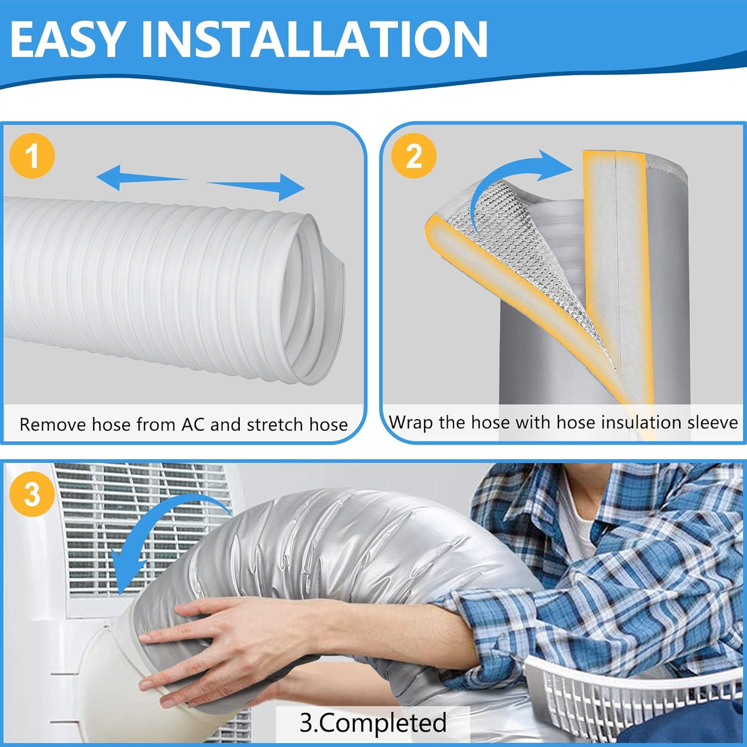Upgraded Aluminum Foil Portable AC Hose Insulation Sleeve | Heat Reduction for 5"-5.9" Air Conditioner Hoses | Waterproof Cover Wrap with Strong Velcro | Energy Saving for AC Duct Vents | 2Pcs Silver