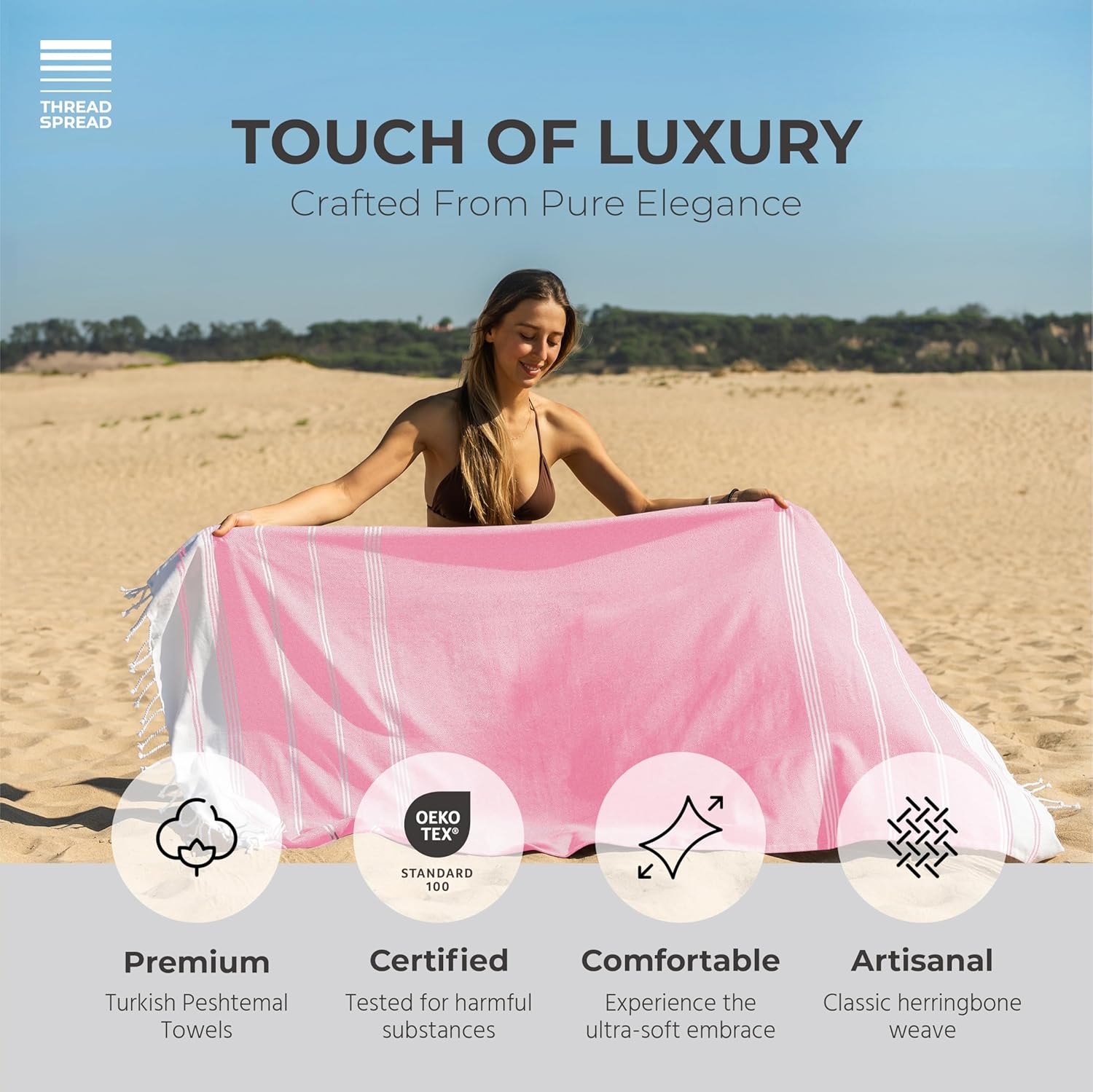 THREAD SPREAD Diamond Turkish Beach Towels 2 Pack - 100% Cotton Quick Dry Lightweight & Absorbent, Large Turkish Bath Towels for Travel, Sand Free Oversized Pool Beach Towel (Candy Pink, 39" x 71") 39" X 71" Diamond Candy Pink image 3 of 8 B0CGZNZ6P5