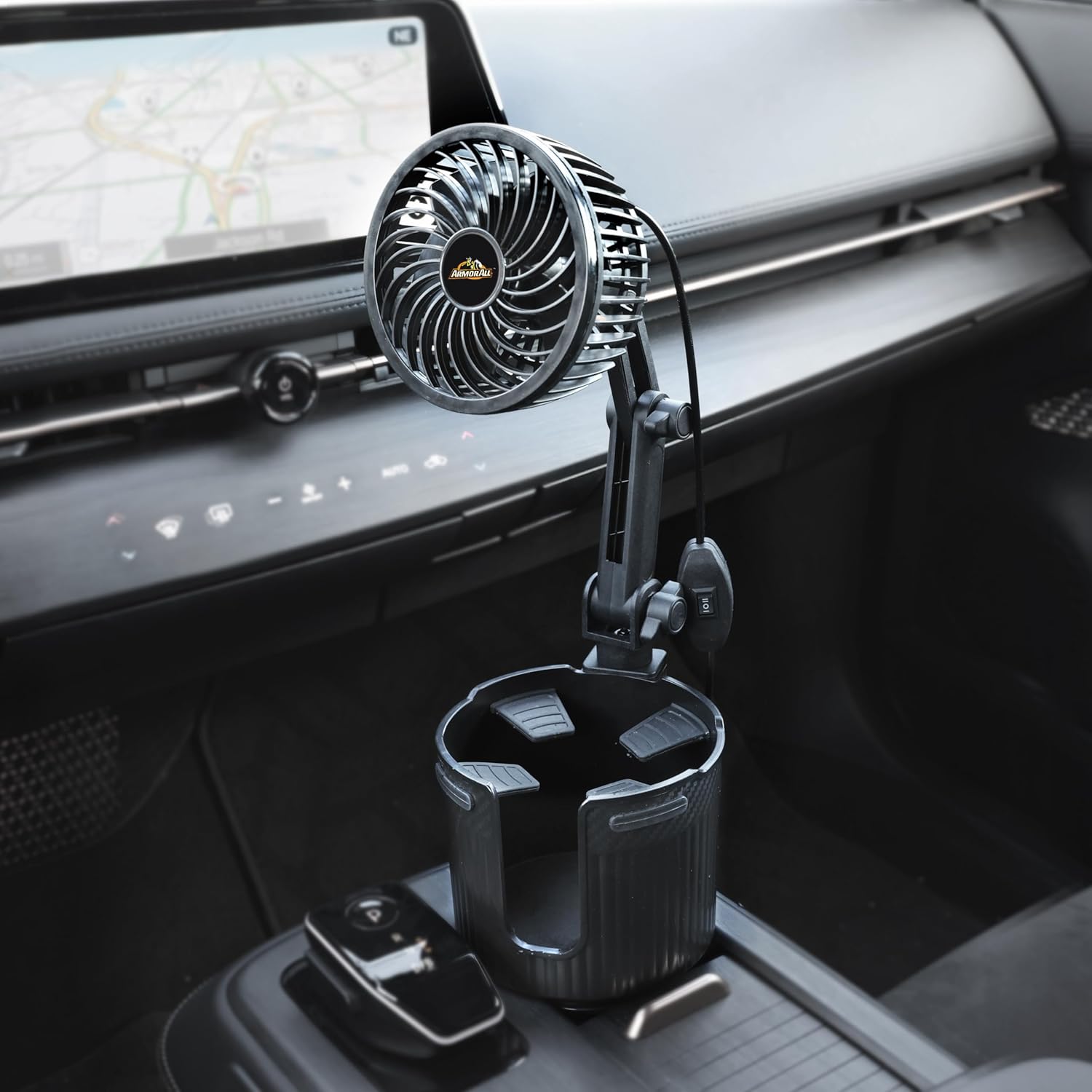 Armor All Car Fan Cupholder, 2-in-1 XL Cupholder and Mini 2-Speed Cooling Fan, USB A Powered, 360° Degree Rotatable, 6” in Arm, Expandable Base for Universal Secure Fit, XL Cupholder Holds Bottles