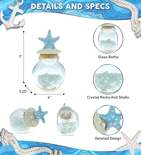 Miniatura 2 de CoTa Global - Botella de cristal náutica con estrellas de mar turquesa con rocas de cristal y conchas, tarro decorativo con tapa fija