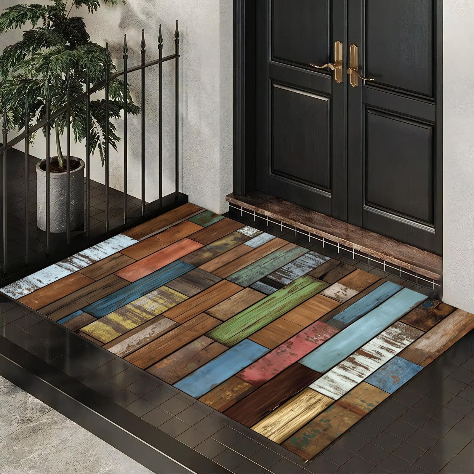 Fußmatte Innen und Außen 90 x 150 cm,Holzstreifenstruktur rutschfeste Fußmatte Outdoor,Retro-Holzmaserung Fussmatte Aussen Gummi,Schmutzfangmatte Waschbar,Fussmatten Haustür, Braun