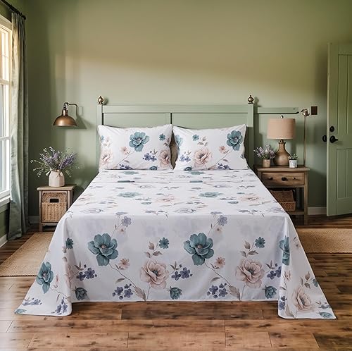 Miniatura 9 de Lemfux Juego de sábanas 100% algodón con estampado de hojas azules, juego de ropa de cama vintage suave floral, elegante juego de sábanas bajeras de