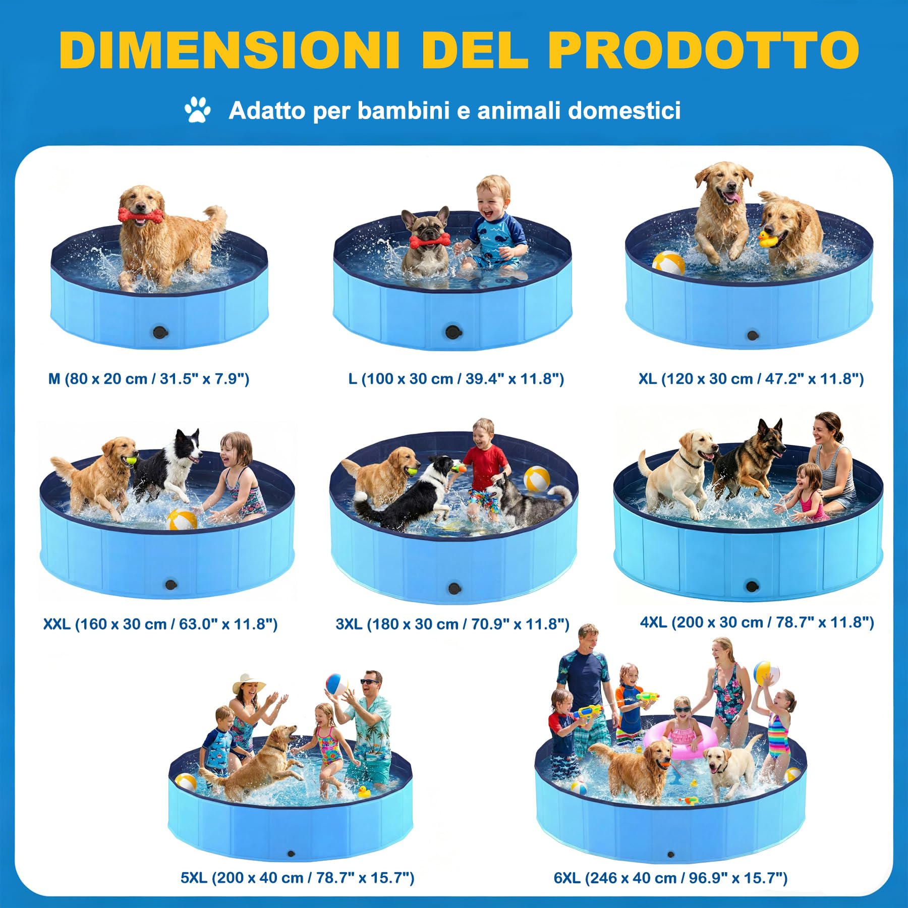 Vasca pieghevole per cani in PVC antigraffio, Ø 100 cm, Altezza 30 cm, rivestimento antiscivolo e tappo di scarico, svuotamento rapido senza pompa, vasca robusta