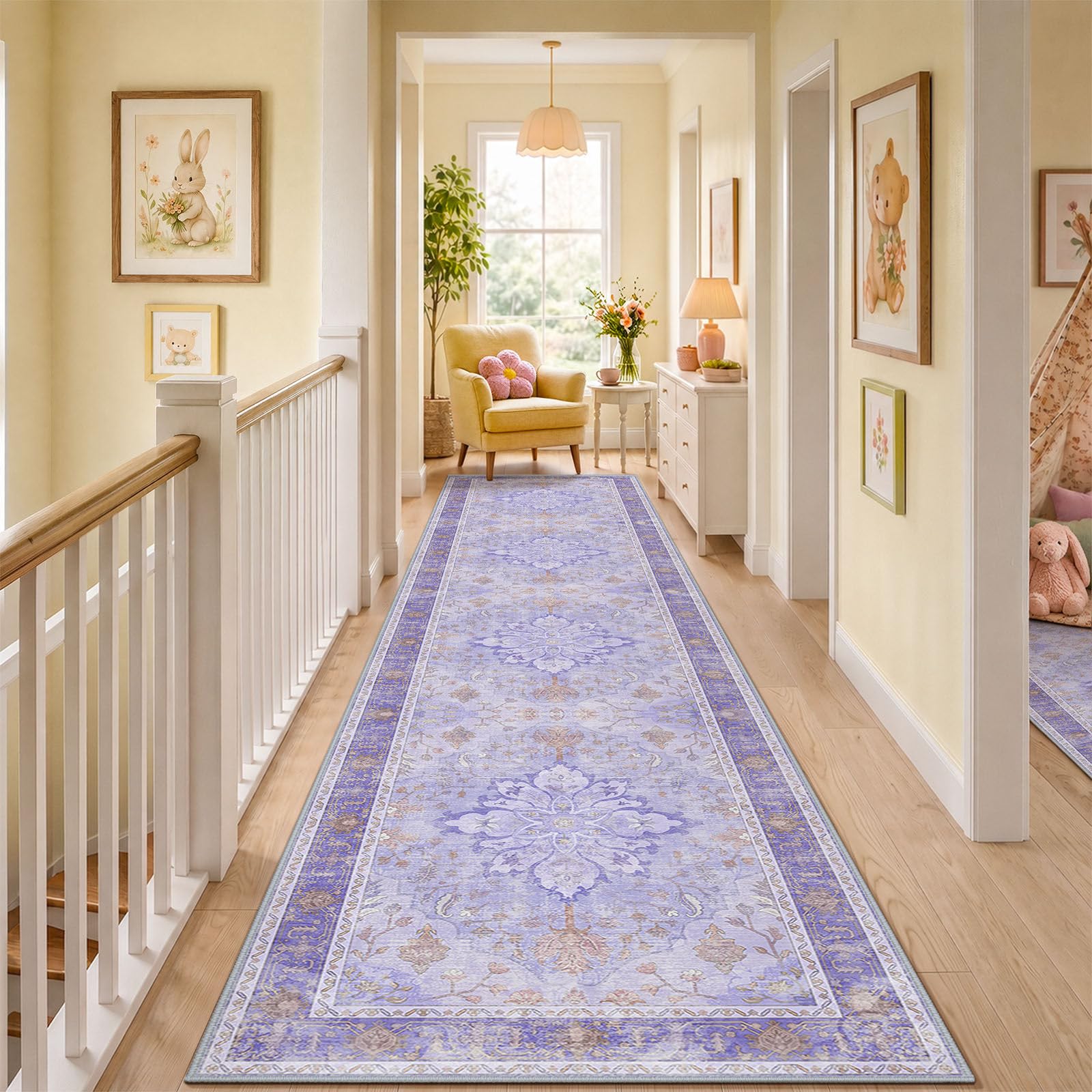 RELEANY Washable Area Rug, Runner 2'6"x10', Purple | Non-Slip, Water Repellent, Pet Friendly, Easy to Clean, Vintage Floral Boho Decor for Kitchen Entry Bedroom Bedside Laundry