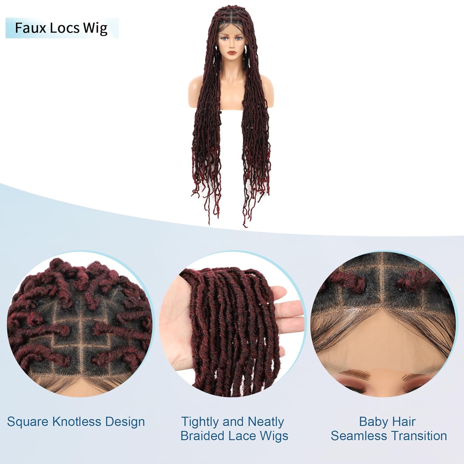Locs Braided Wigs for Black Women Knotless Braided Wigs Locs Braid Wig with Baby Hair Full Double Lace Braided Wig Synthetic Burgundy Red Locs Braided Wig, 40 Inches Double Lace