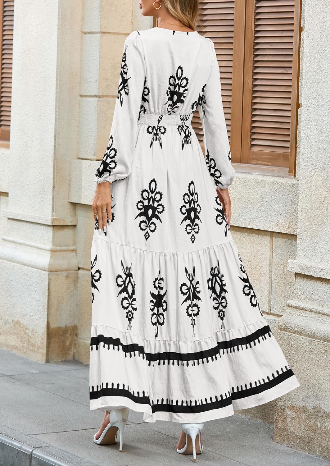 PRETTYGARDEN Women's 2026 Fall Wedding Guest Dresses Boho Floral Long Sleeve V Neck Flowy Elegant Maxi Dress Beach Clothes - Image 5