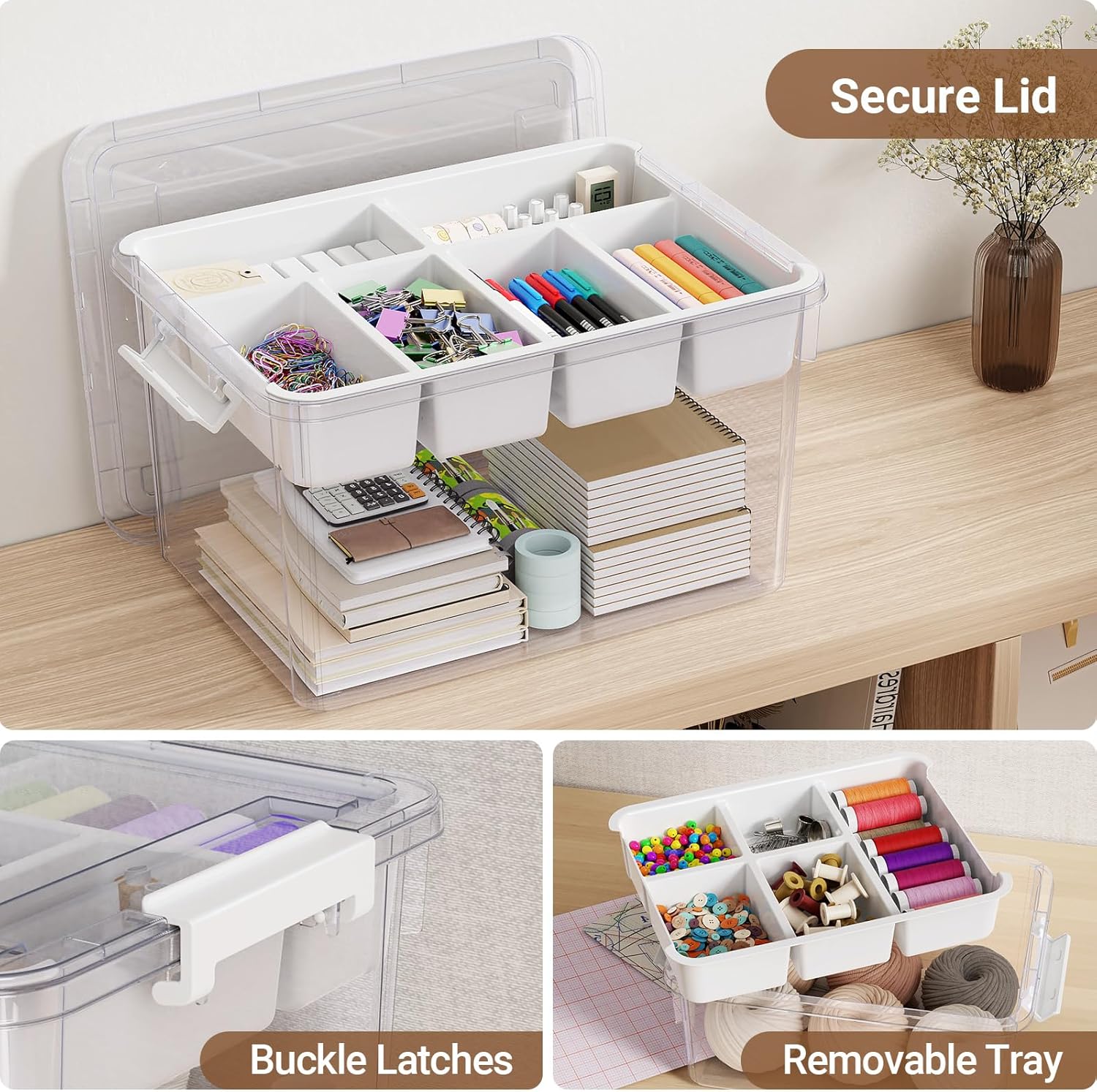 40Qt Large Stackable Storage Bin with Lid & Tray, Clear Plastic Latching Box Organizer with Divider Portable 10Gal Container for Arts & Crafts, Home and Car Trunk Organization, 1Pack