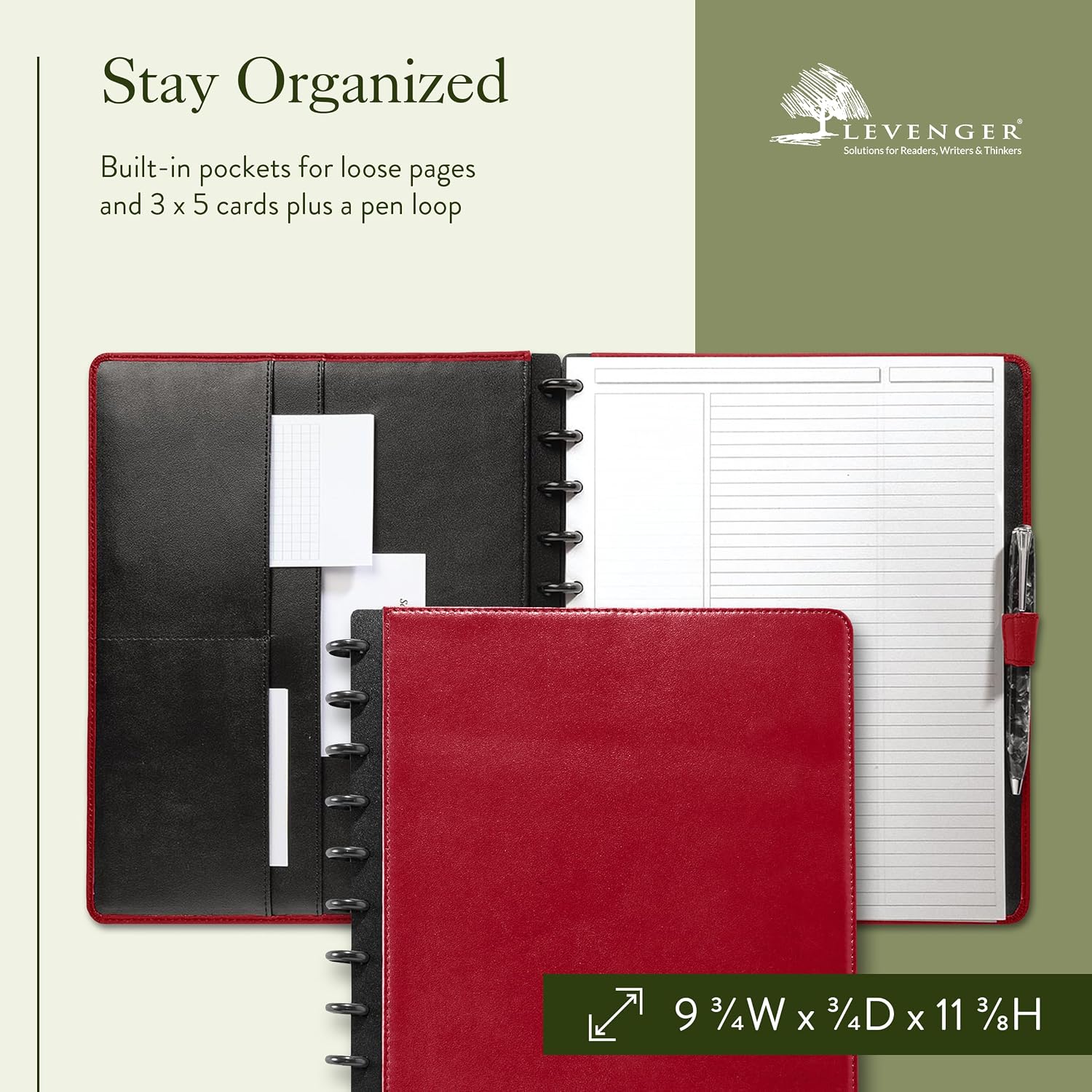 Levenger Circa Premium Leather Foldover Discbound Notebook Journal with Pockets, Red, Letter